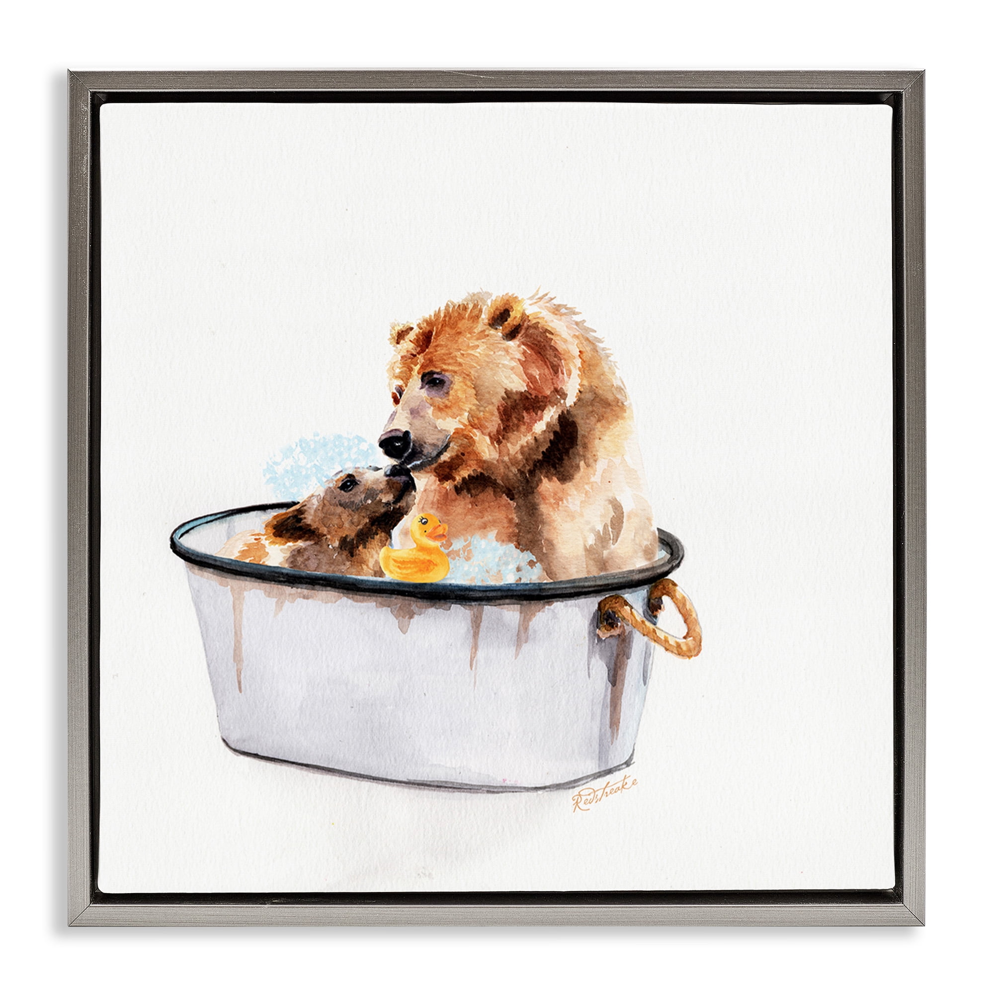 Stupell Industries Mother Bear & Cub Bathing Animals & Insects Painting Gray Floater Framed Canvas Art Print Wall Art, 25 x 25