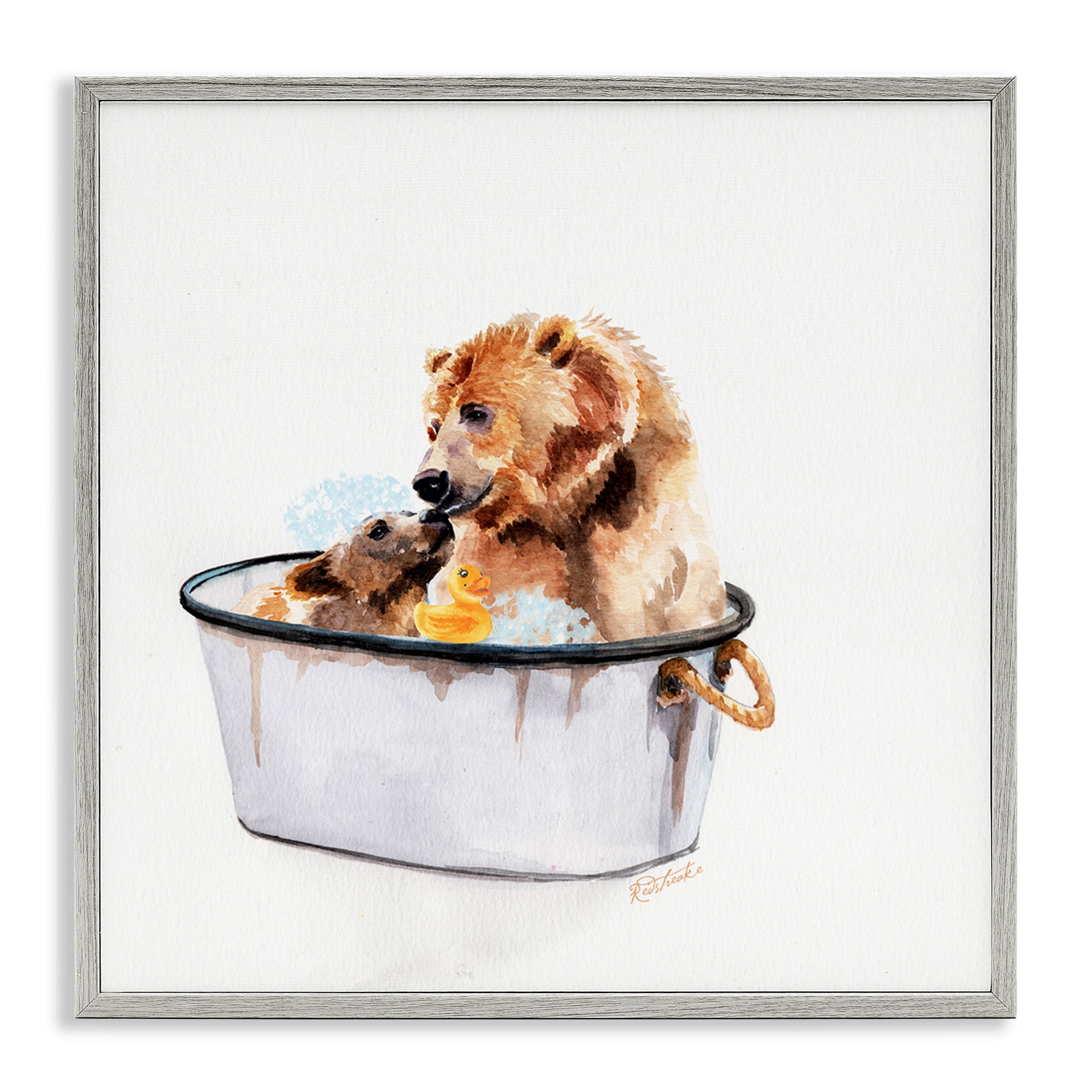 Stupell Industries Mother Bear & Cub Bathing Animals & Insects Painting Gray Framed Art Print Wall Art, 24 x 24