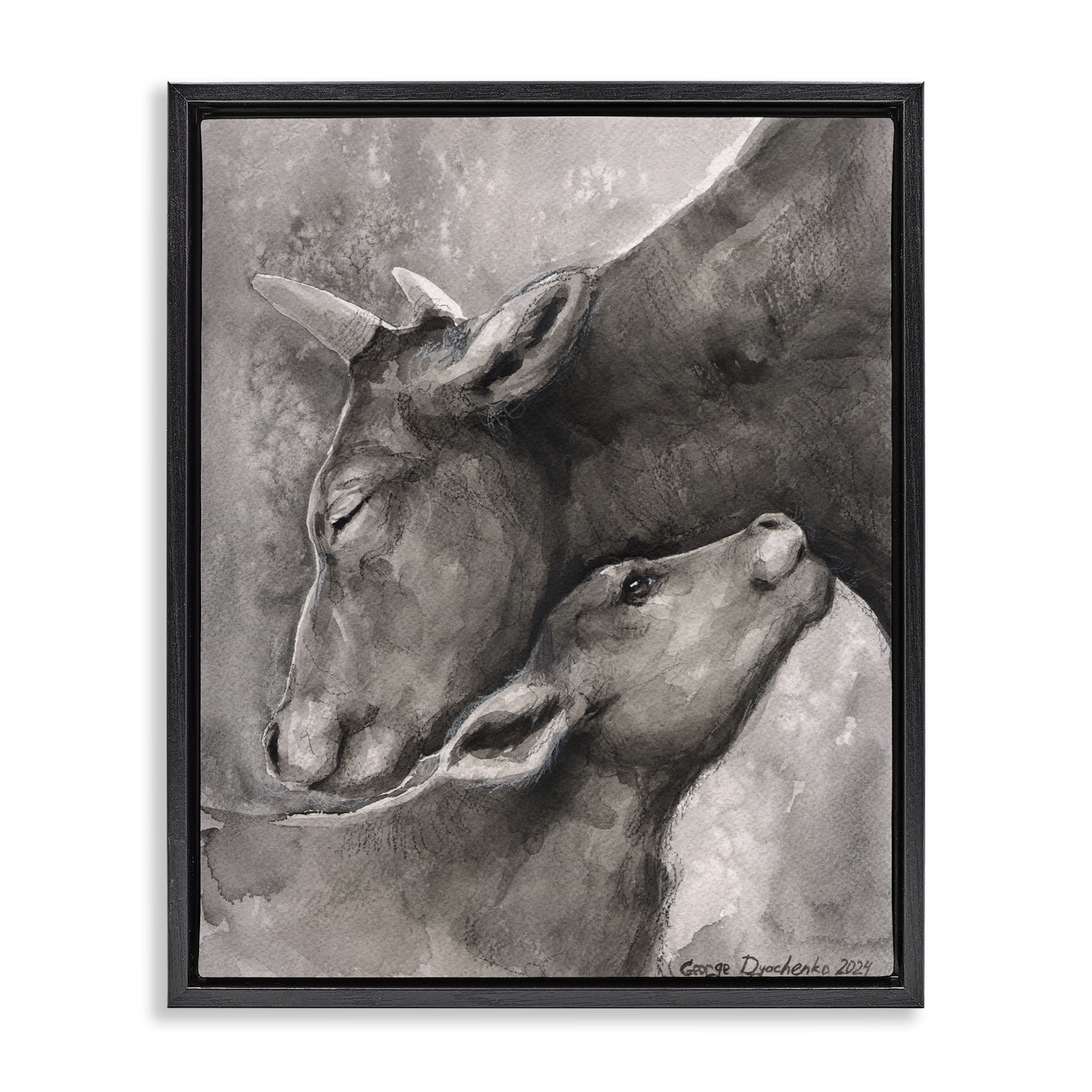 Stupell Industries Mother Cow & Calf Animals Drawing Black Floater Framed Canvas Art Print Wall Art, 25 x 31