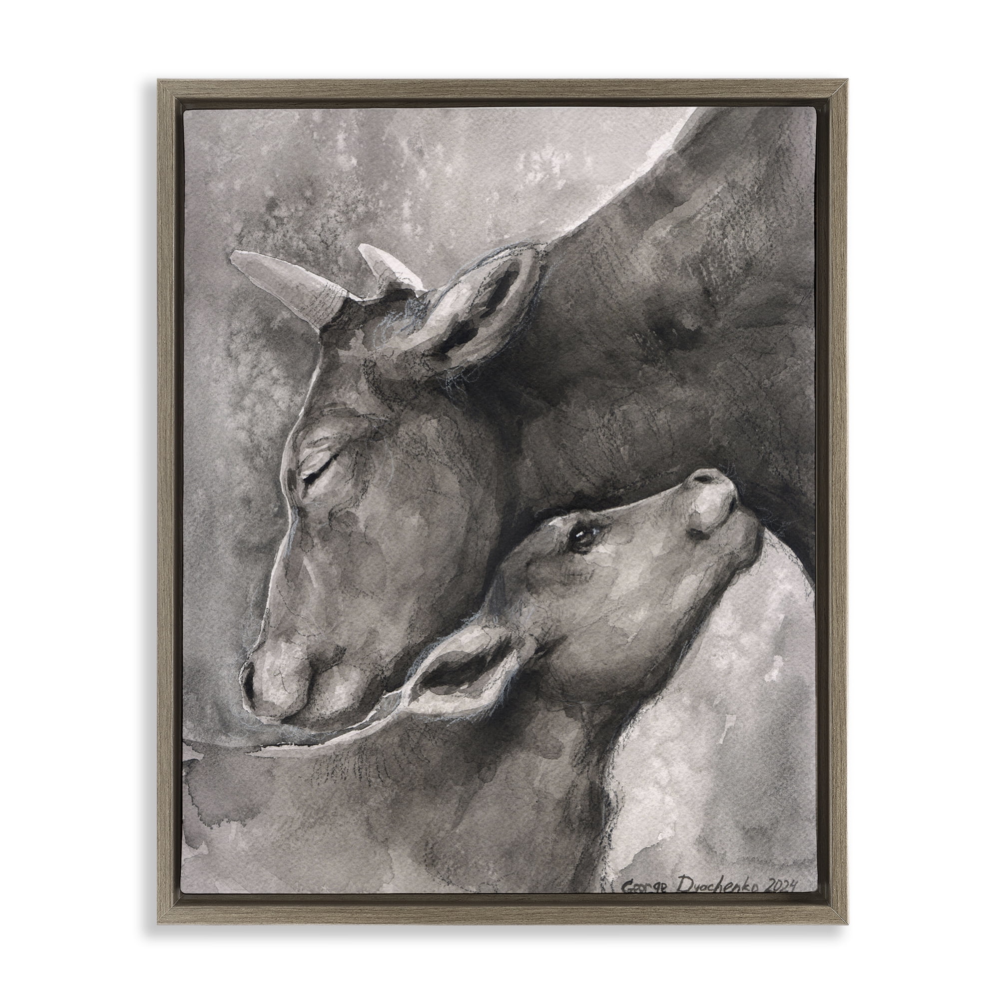 Stupell Industries Mother Cow & Calf Animals Drawing Brown Floater Framed Canvas Art Print Wall Art, 17 x 21