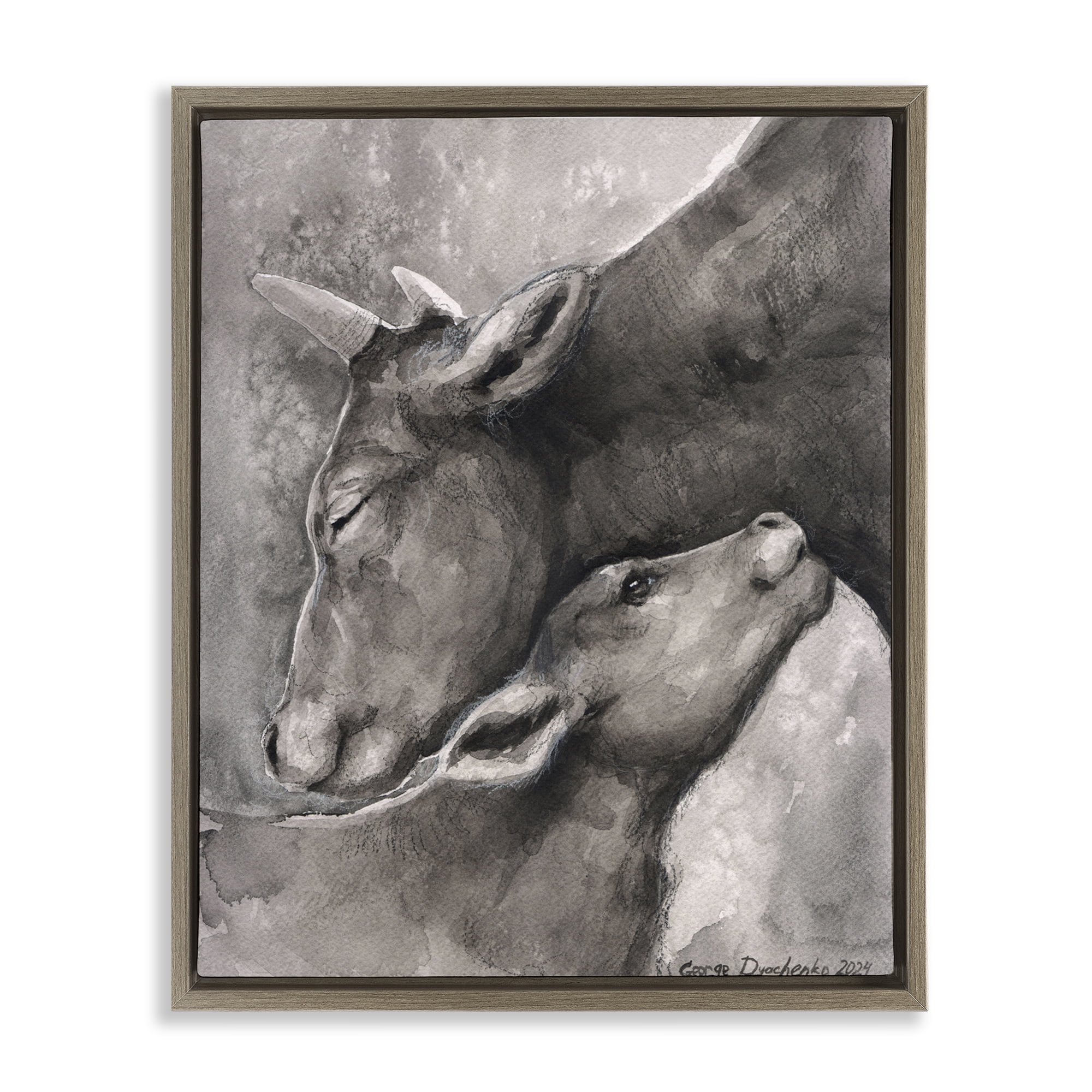 Stupell Industries Mother Cow & Calf Animals Drawing Brown Floater Framed Canvas Art Print Wall Art, 25 x 31