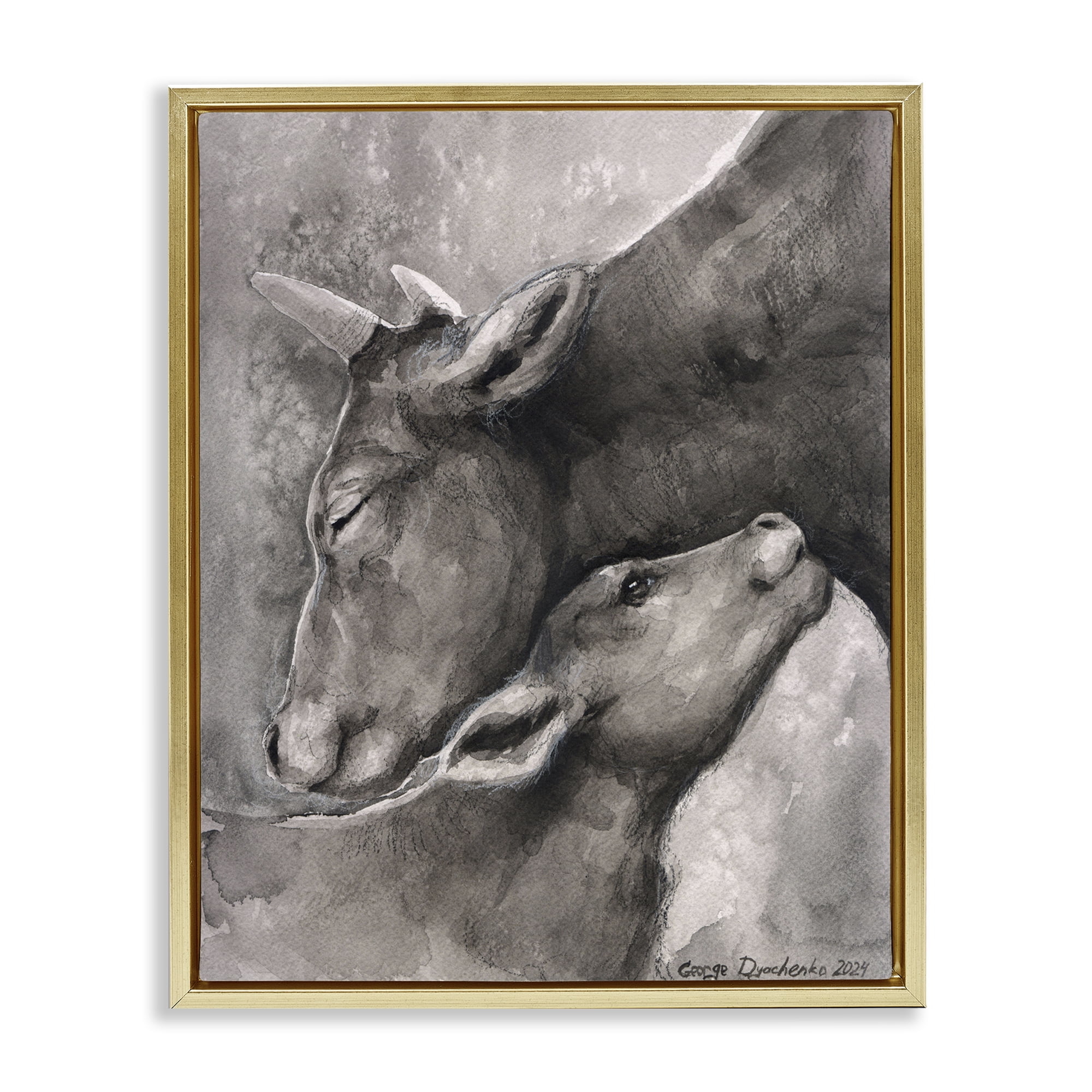 Stupell Industries Mother Cow & Calf Animals Drawing Gold Floater Framed Canvas Art Print Wall Art, 17 x 21