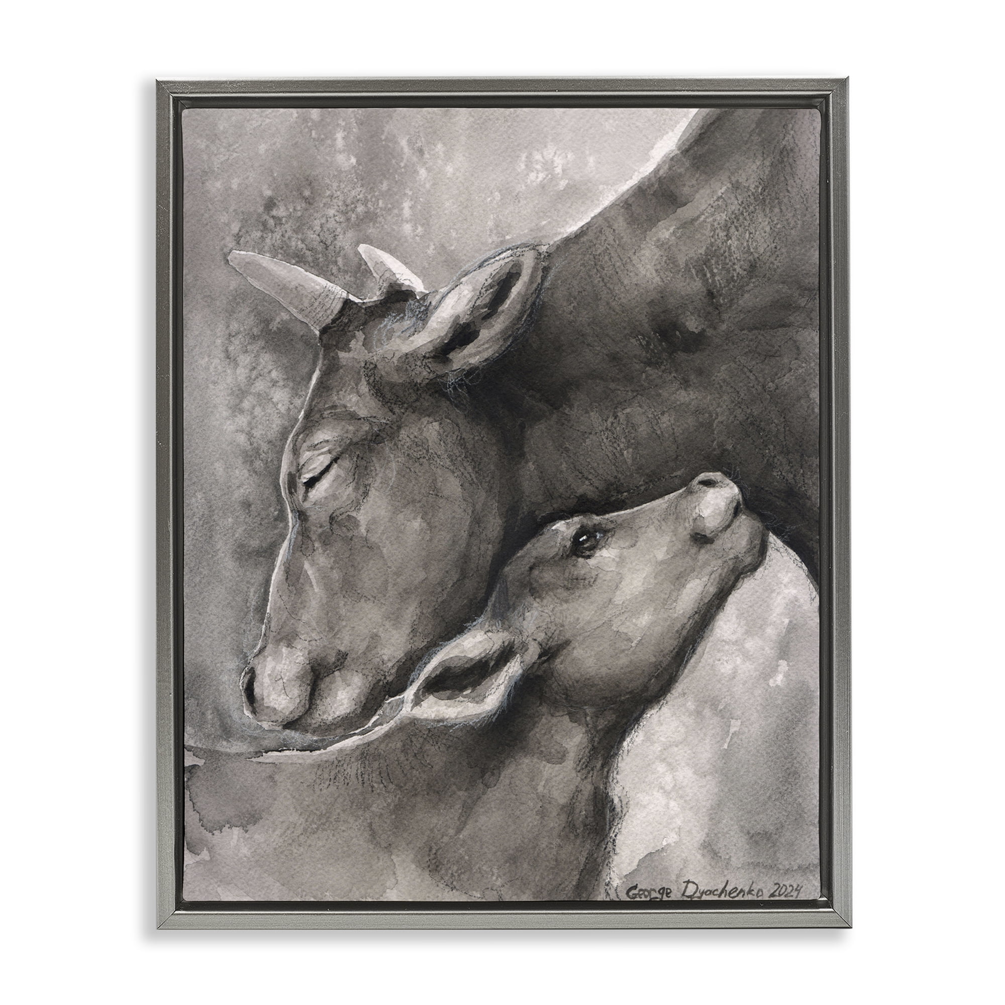 Stupell Industries Mother Cow & Calf Animals Drawing Gray Floater Framed Canvas Art Print Wall Art, 25 x 31