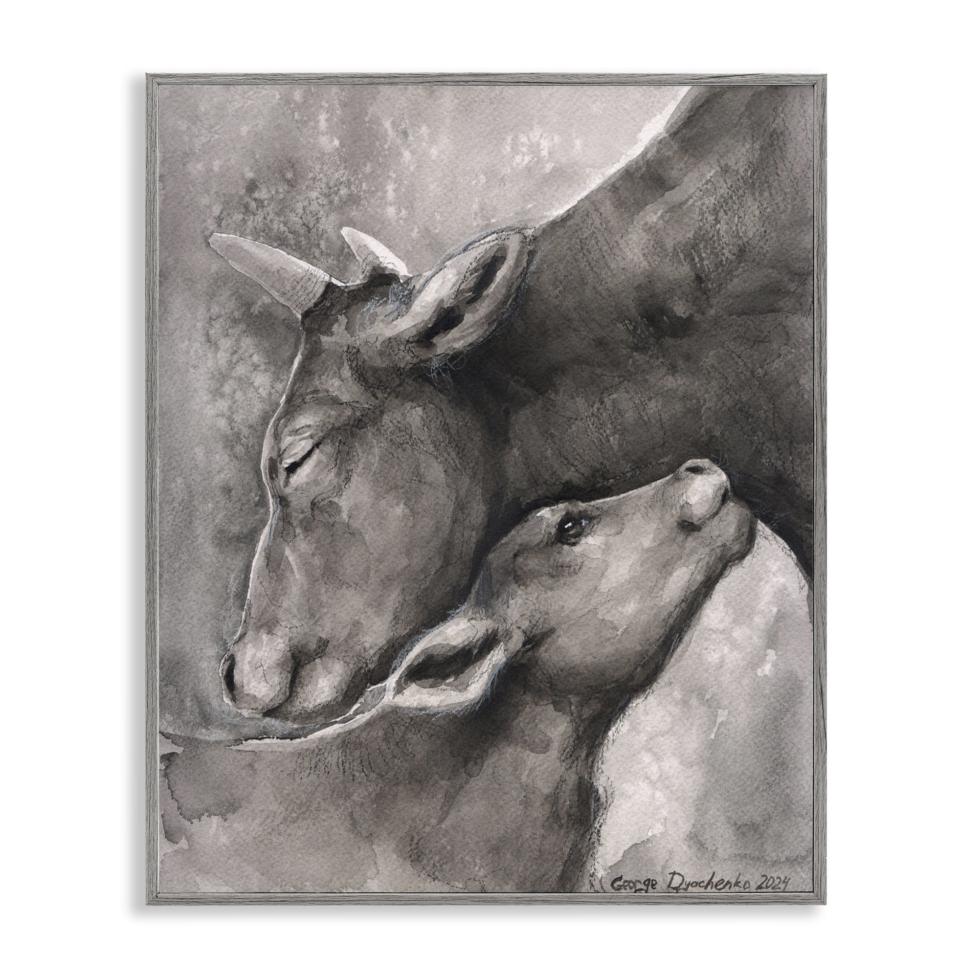 Stupell Industries Mother Cow & Calf Animals Drawing Gray Framed Art Print Wall Art, 24 x 30