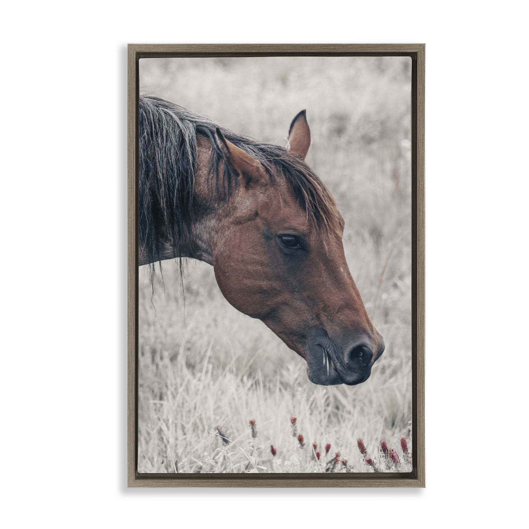 Stupell Industries Mother Horse Grazing in Meadow Brown Framed Floater Canvas Wall Art, design by Nathan Larson