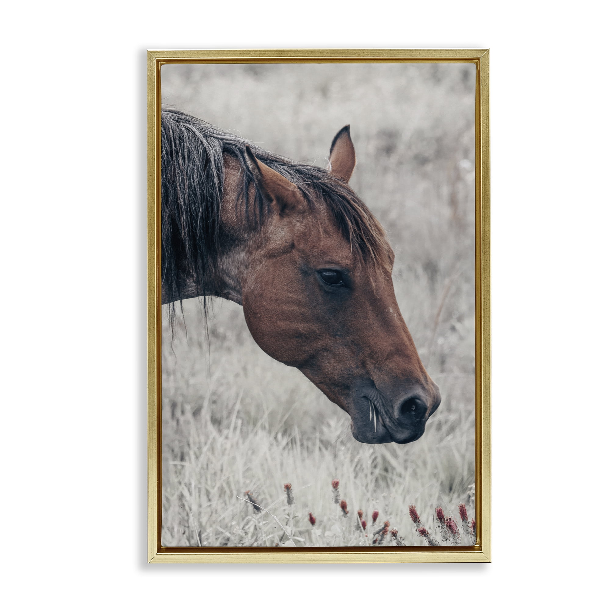 Stupell Industries Mother Horse Grazing in Meadow Gold Framed Floater Canvas Wall Art, design by Nathan Larson