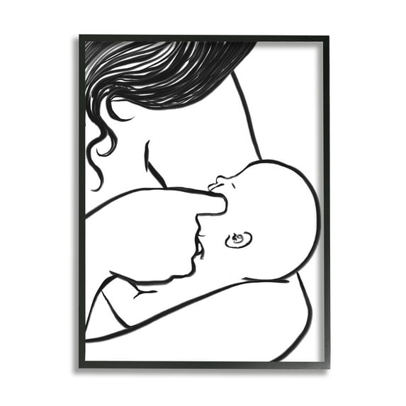 Stupell Industries Mother Nursing Child Portrait Minimal Black White Novelty Painting Black Framed Art Print Wall Art, 24 x 30