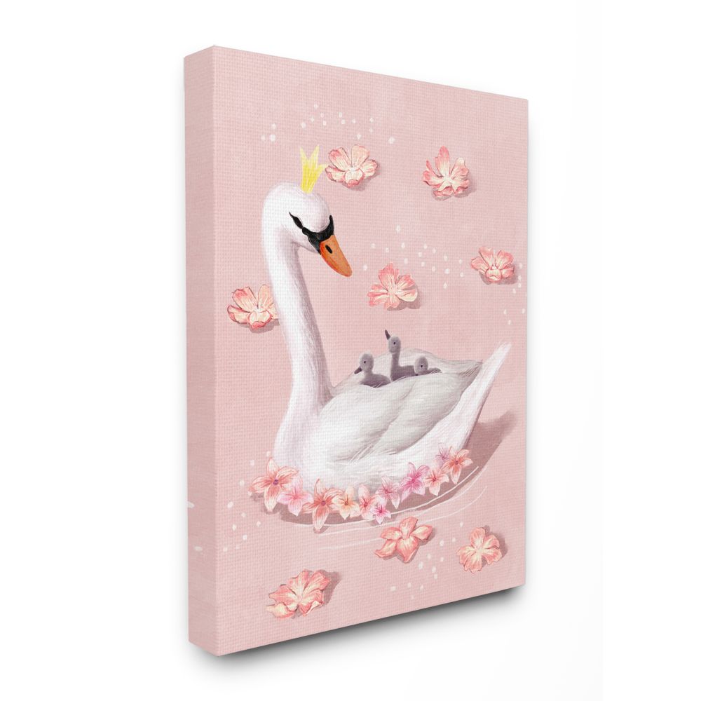 Stupell Industries Mother Swan Queen and Chicks Lake Flowers Pink Canvas Wall Art Design by Ziwei Li, 16" x 20"