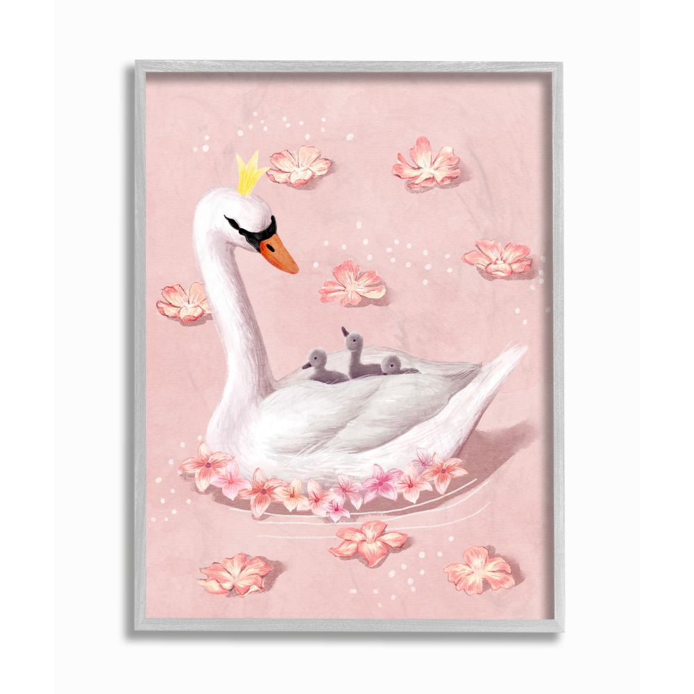 Stupell Industries Mother Swan Queen and Chicks Lake Flowers Pink Framed Wall Art Design by Ziwei Li, 11" x 14", Gray Framed