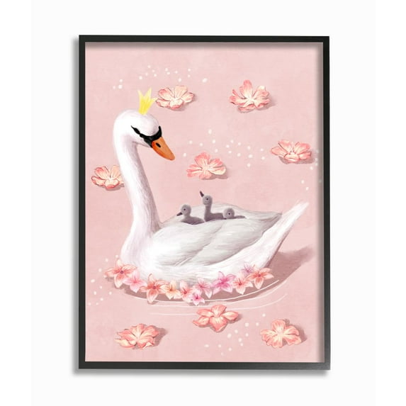 Stupell Industries Mother Swan Queen and Chicks Lake Flowers Pink Framed Wall Art Design by Ziwei Li, 16" x 20", Black Framed