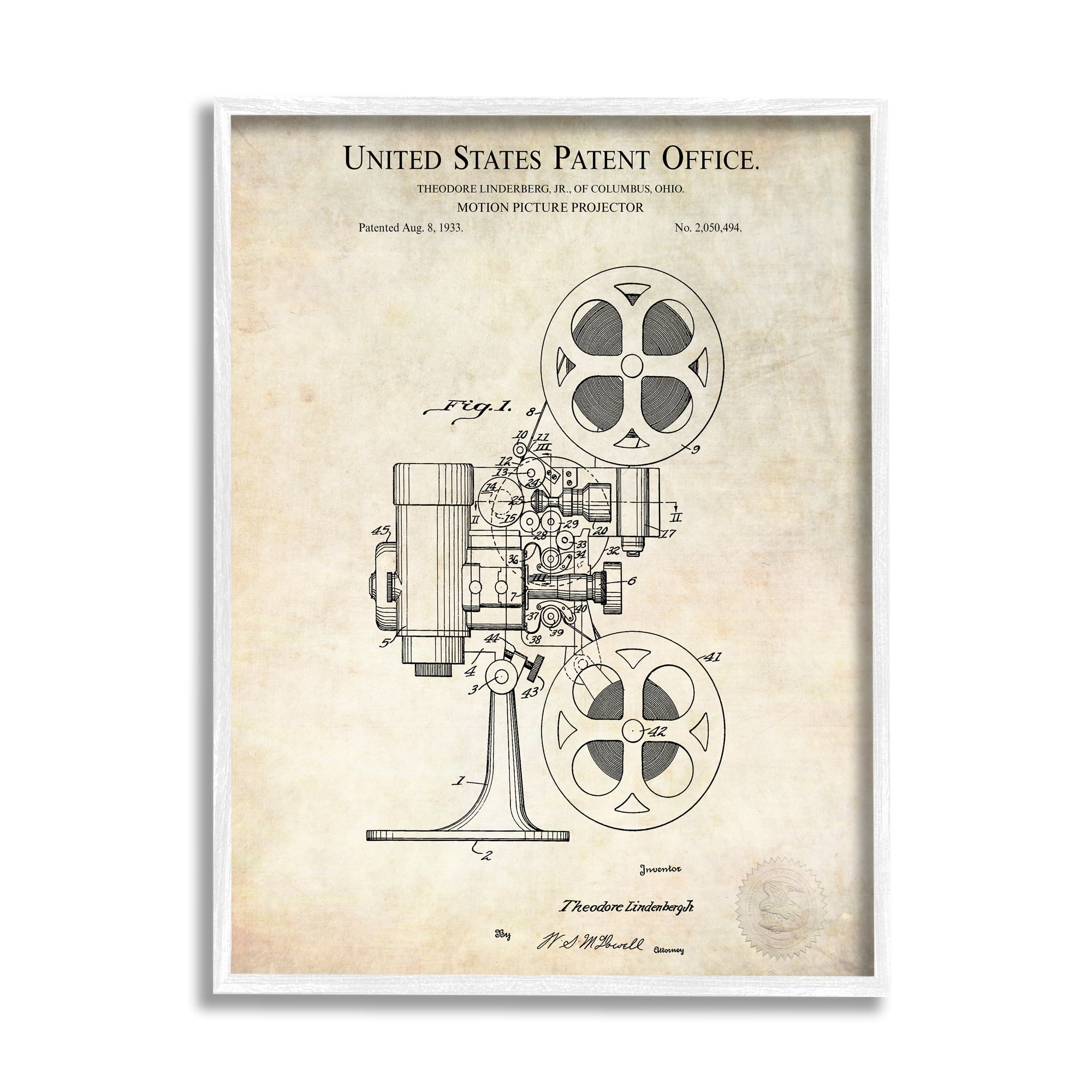 Vintage Motion Picture Projector Patent Canvas Print in White Frame