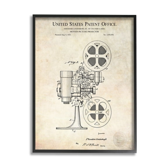 Stupell Industries Motion Picture Projector Patent Design Blueprint Diagram Framed Wall Art, 16 x 20, Design by Karl Hronek