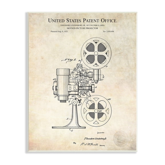 Stupell Industries Motion Picture Projector Patent Design Blueprint Diagram Wood Wall Art, 10 x 15, Design by Karl Hronek