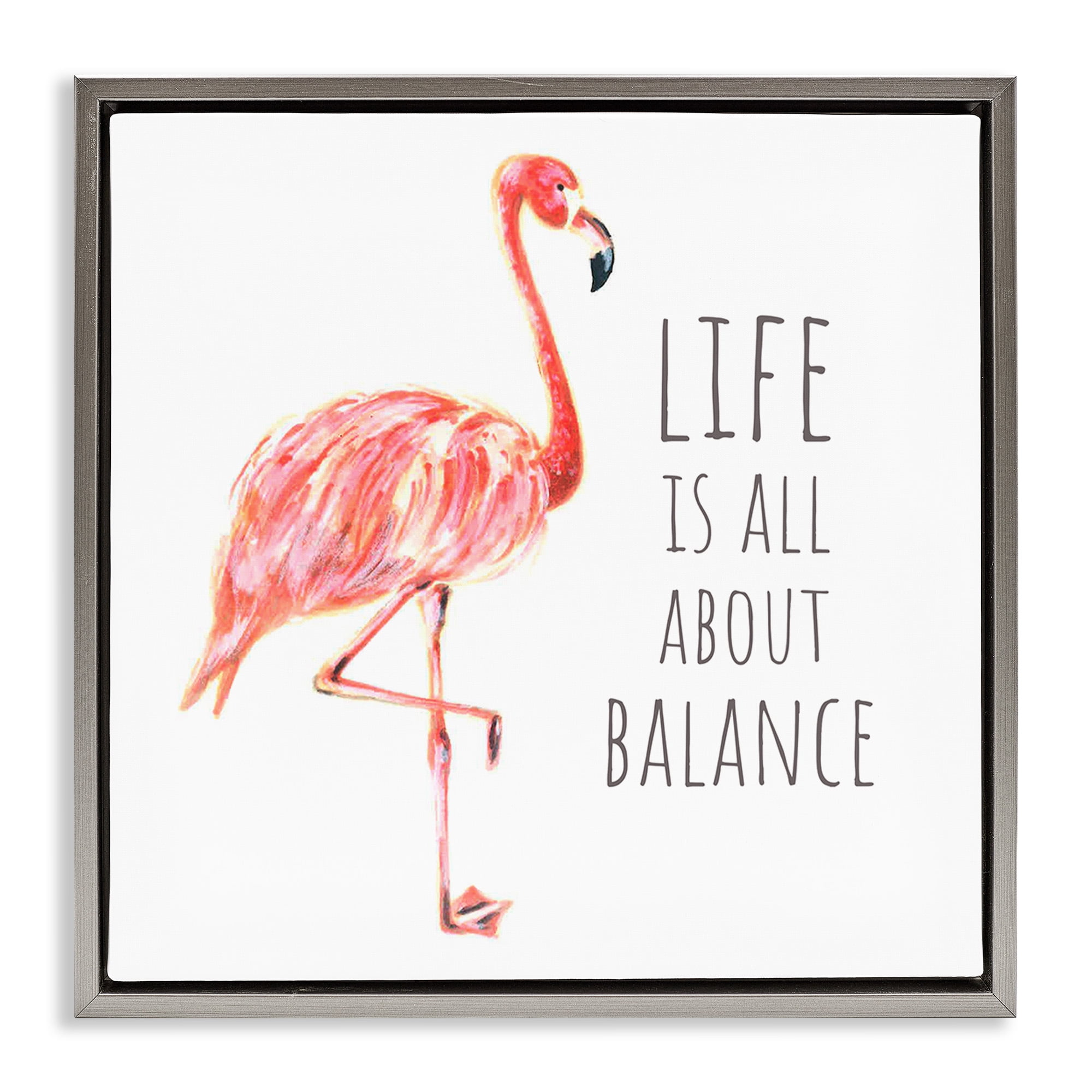 Stupell Industries Motivational Balance Flamingo Animals & Insects Painting Gray Floater Framed Canvas Art Print Wall Art, 18 x 18