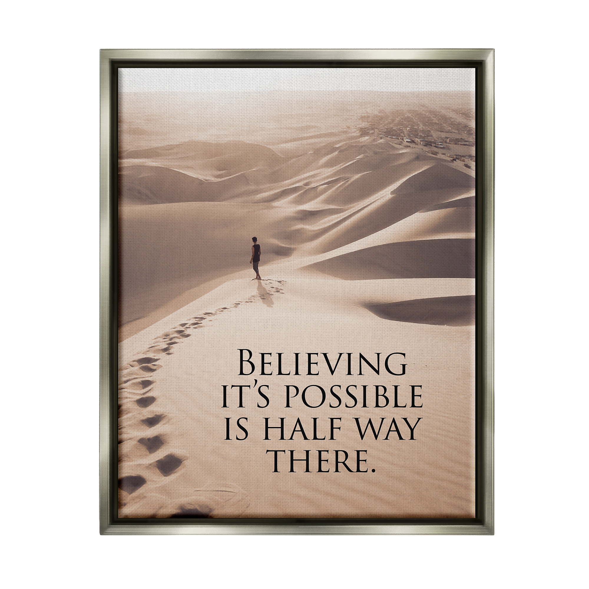 Stupell Industries Motivational Believe It's Possible Landscape Painting Gray Floater Framed Canvas Art Print Wall Art, 25 x 31