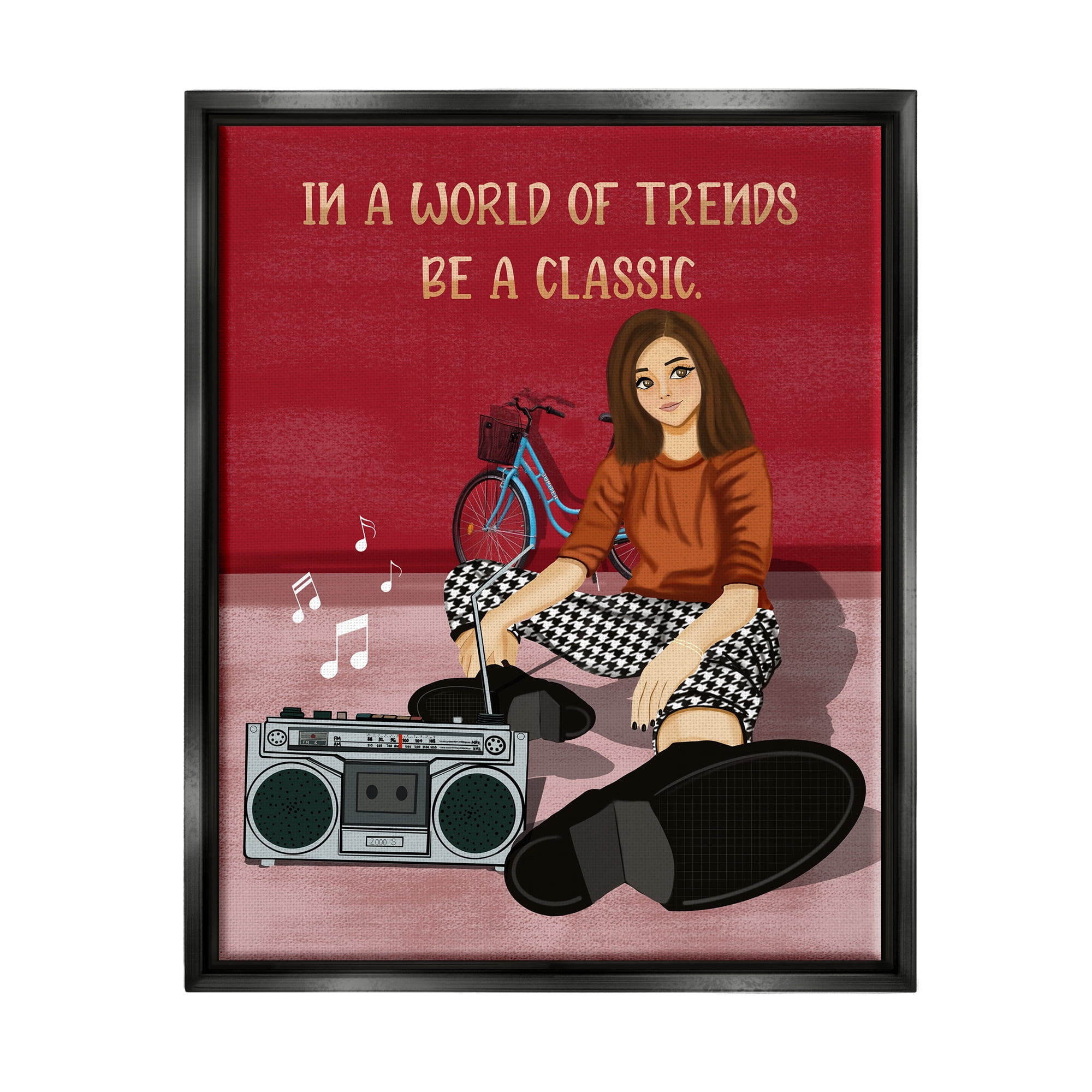 Stupell Industries Motivational Girl with Boombox Abstract Painting Black Floater Framed Canvas Art Print Wall Art, 17 x 21
