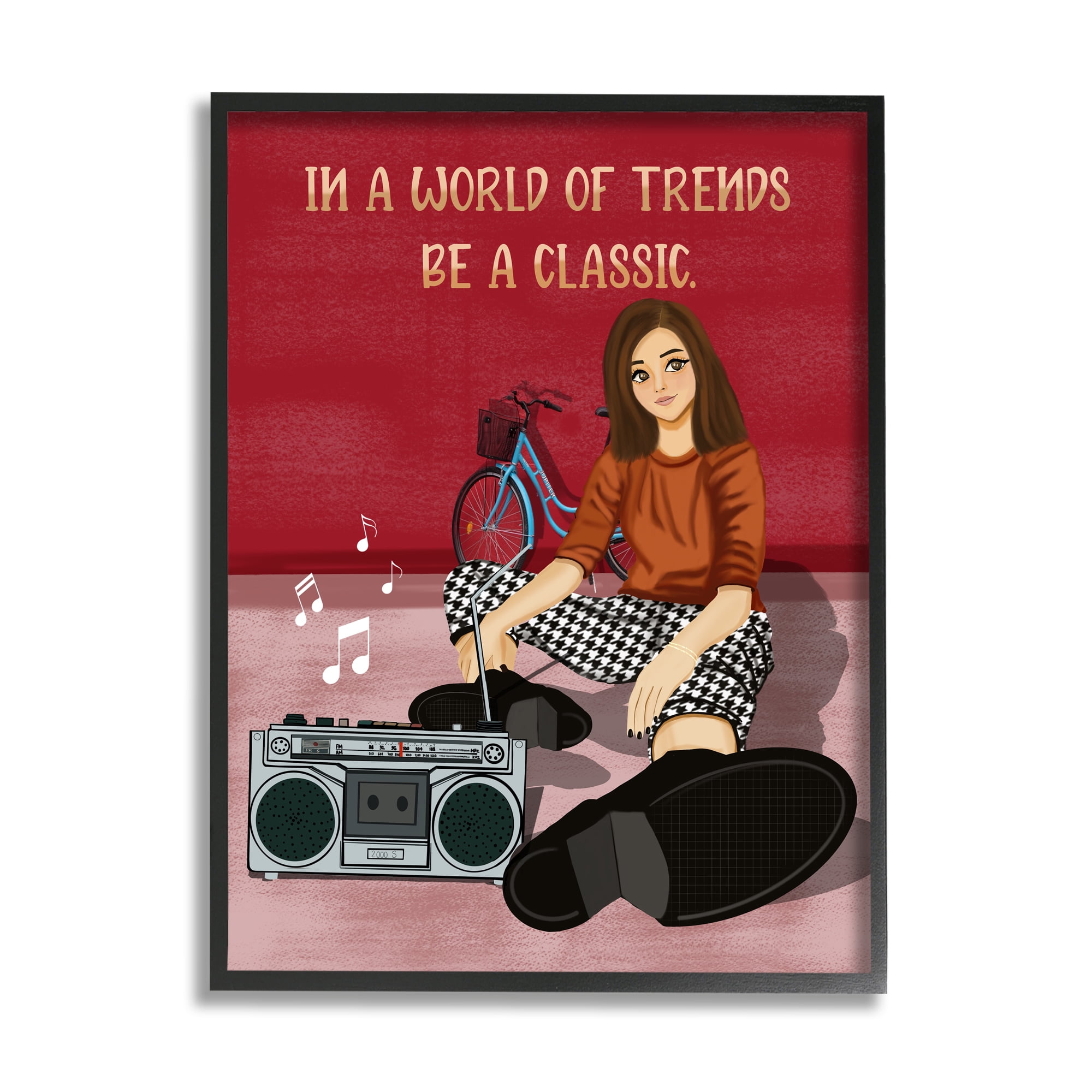 Stupell Industries Motivational Girl with Boombox Abstract Painting Black Framed Art Print Wall Art, 24 x 30