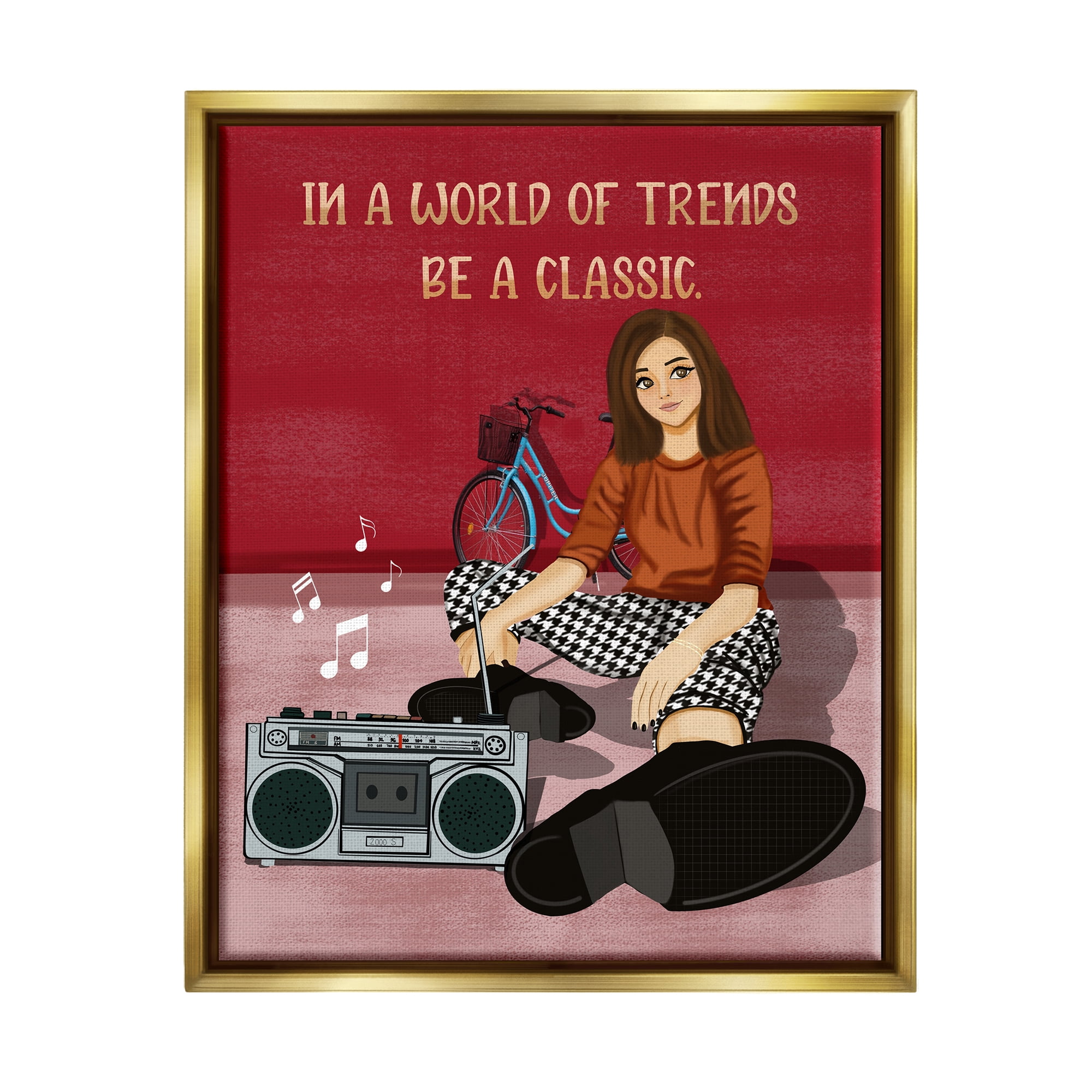 Stupell Industries Motivational Girl with Boombox Abstract Painting Gold Floater Framed Canvas Art Print Wall Art, 17 x 21