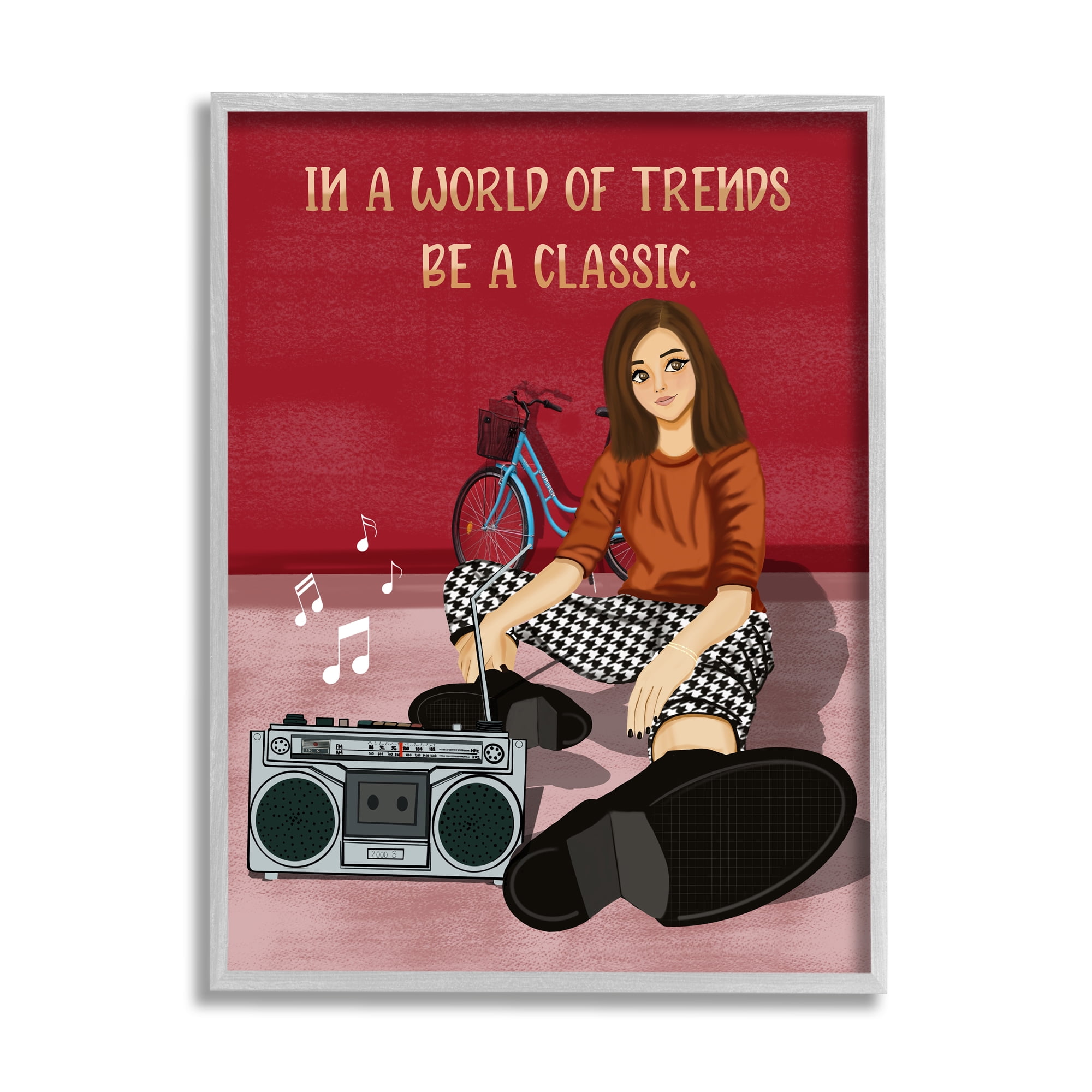 Stupell Industries Motivational Girl with Boombox Abstract Painting Gray Framed Art Print Wall Art, 24 x 30