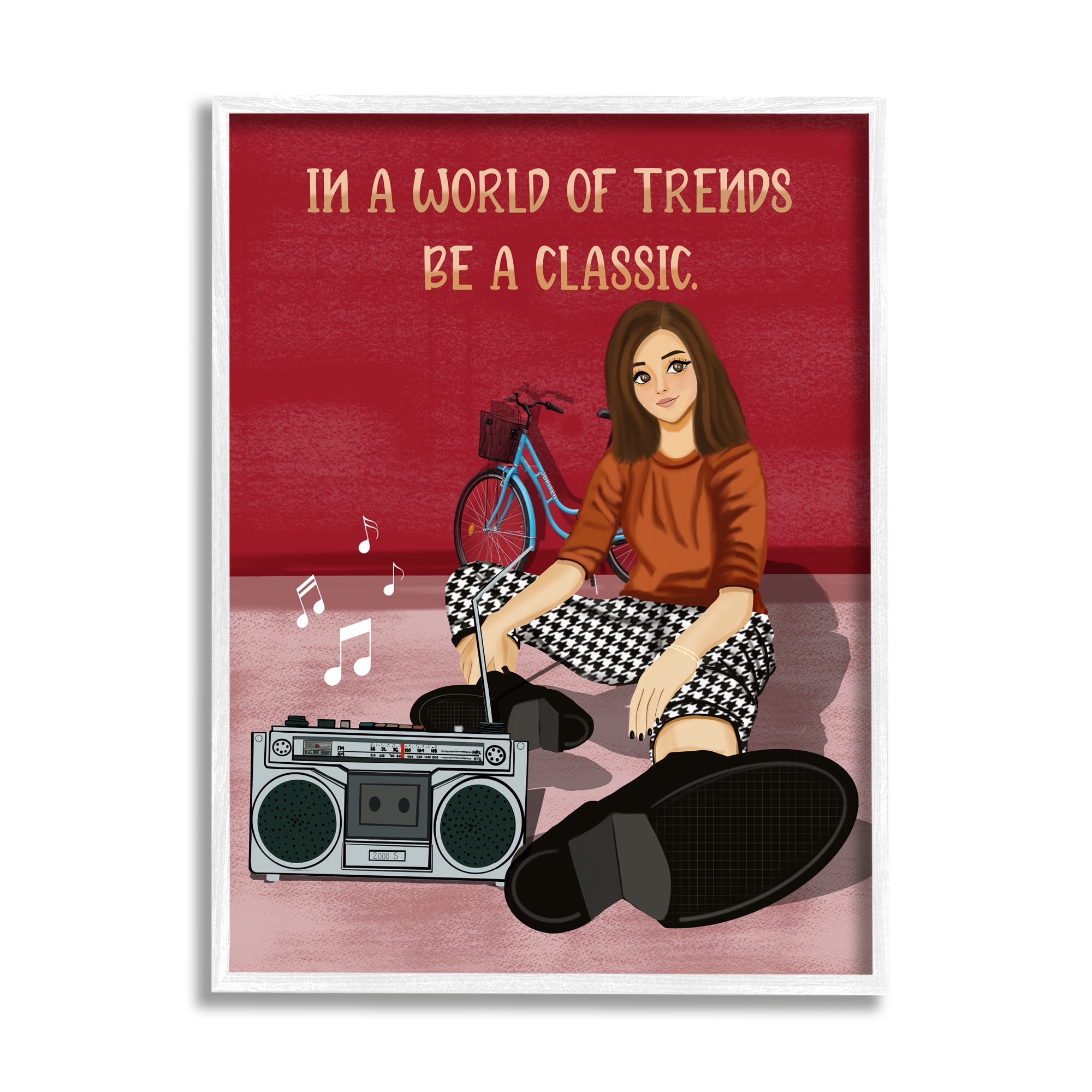 Stupell Industries Motivational Girl with Boombox Abstract Painting White Framed Art Print Wall Art, 16 x 20