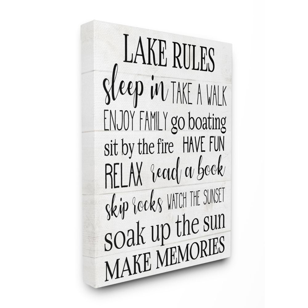 Stupell Industries Motivational Lake Rules Sign Text Styles Black White Canvas Wall Art Design by Daphne Polselli, 30" x 40"