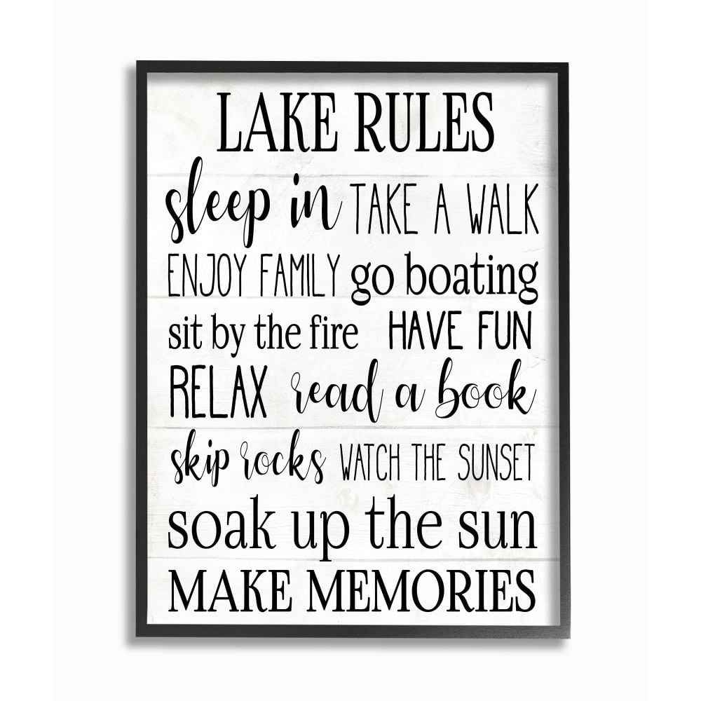 Stupell Industries Motivational Lake Rules Sign Text Styles Black White Framed Wall Art Design by Daphne Polselli, 11" x 14", Black Framed