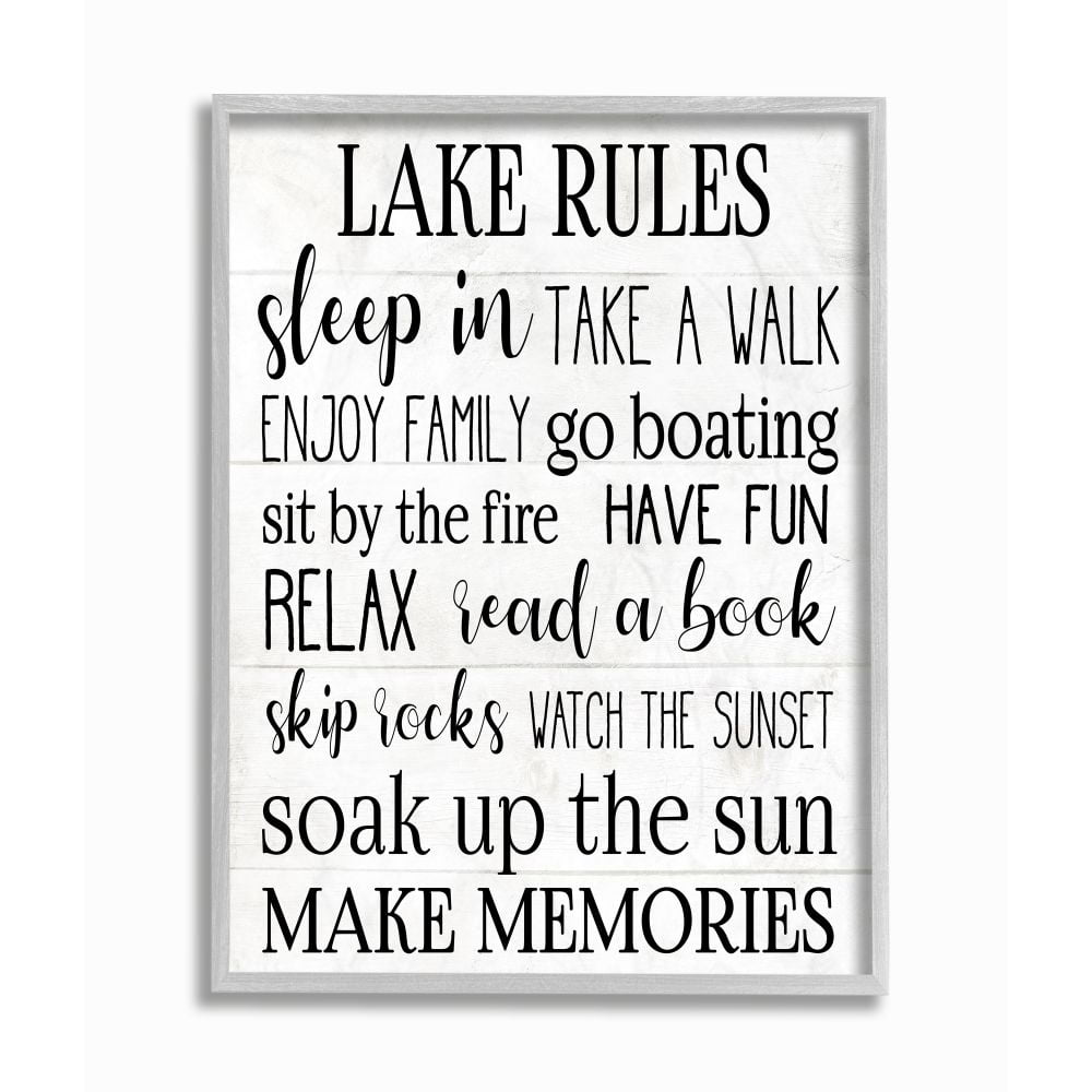 Stupell Industries Motivational Lake Rules Sign Text Styles Black White Framed Wall Art Design by Daphne Polselli, 16" x 20", Gray Framed