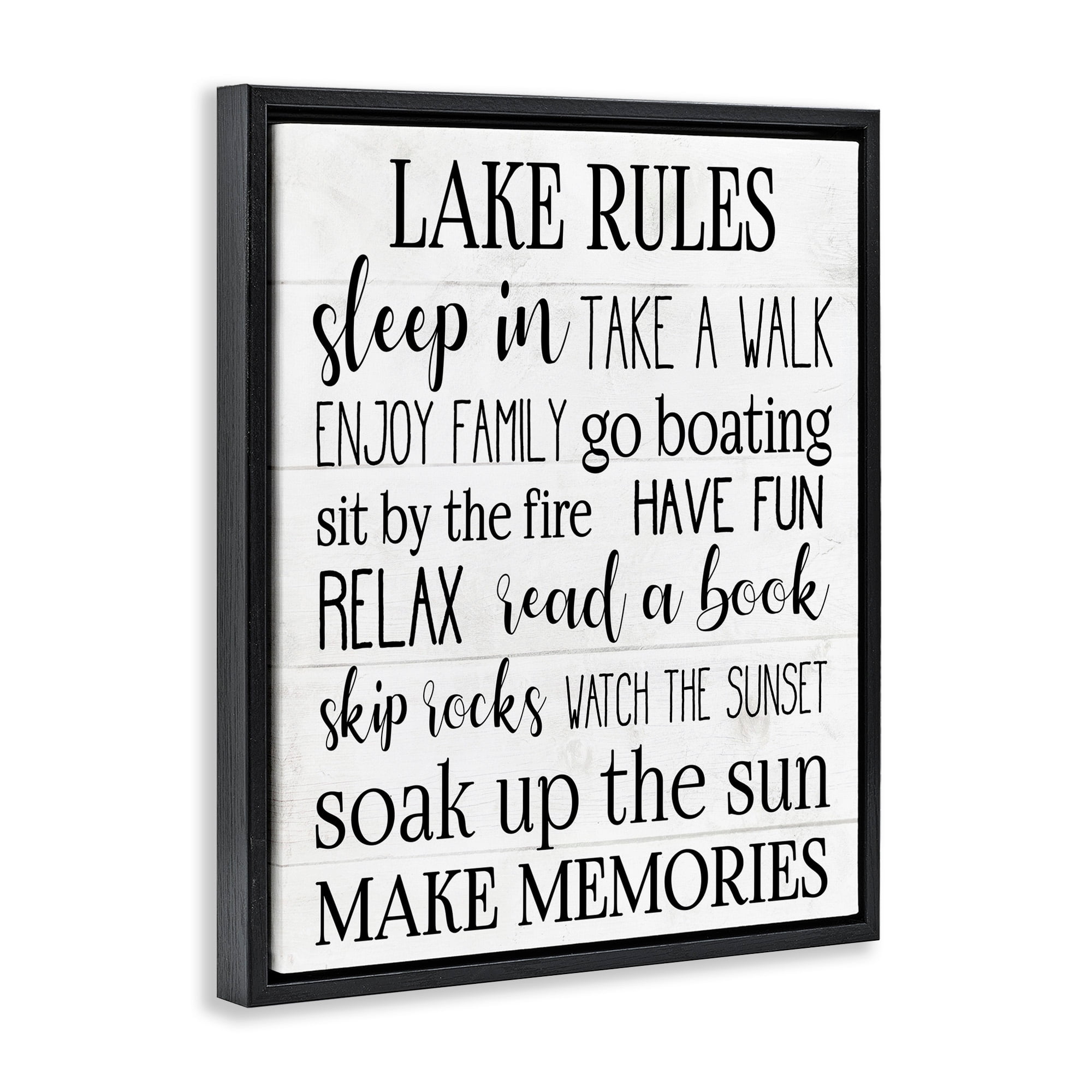 Stupell Industries Motivational Lake Rules Sign Text Styles Black White Jet Black Framed Floating Canvas Wall Art, 24x30, by Daphne Polselli