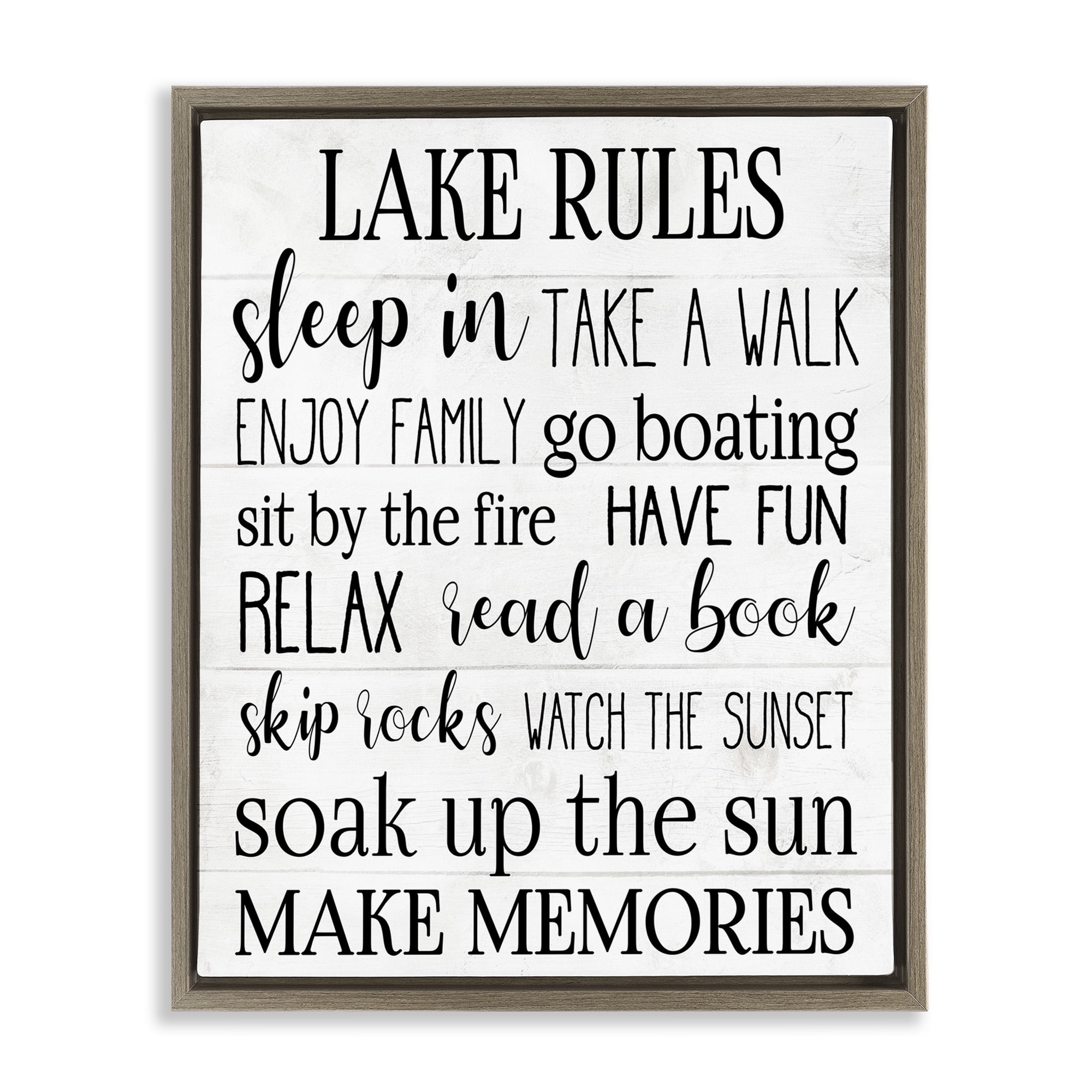 Stupell Industries Motivational Lake Rules Sign Typography Painting Brown Floater Framed Canvas Art Print Wall Art, 17 x 21