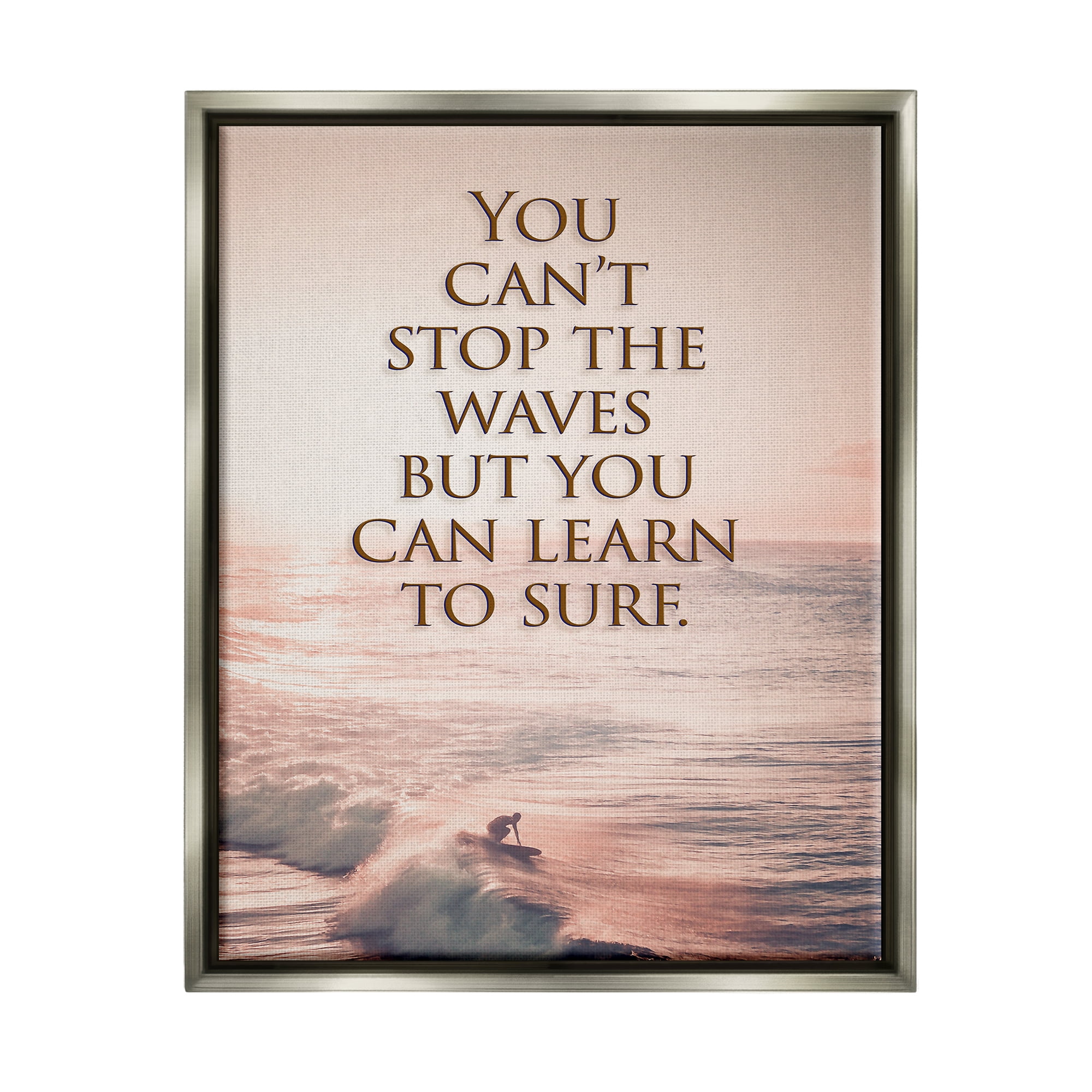 Stupell Industries Motivational Learn to Surf Landscape Painting Gray Floater Framed Canvas Art Print Wall Art, 17 x 21