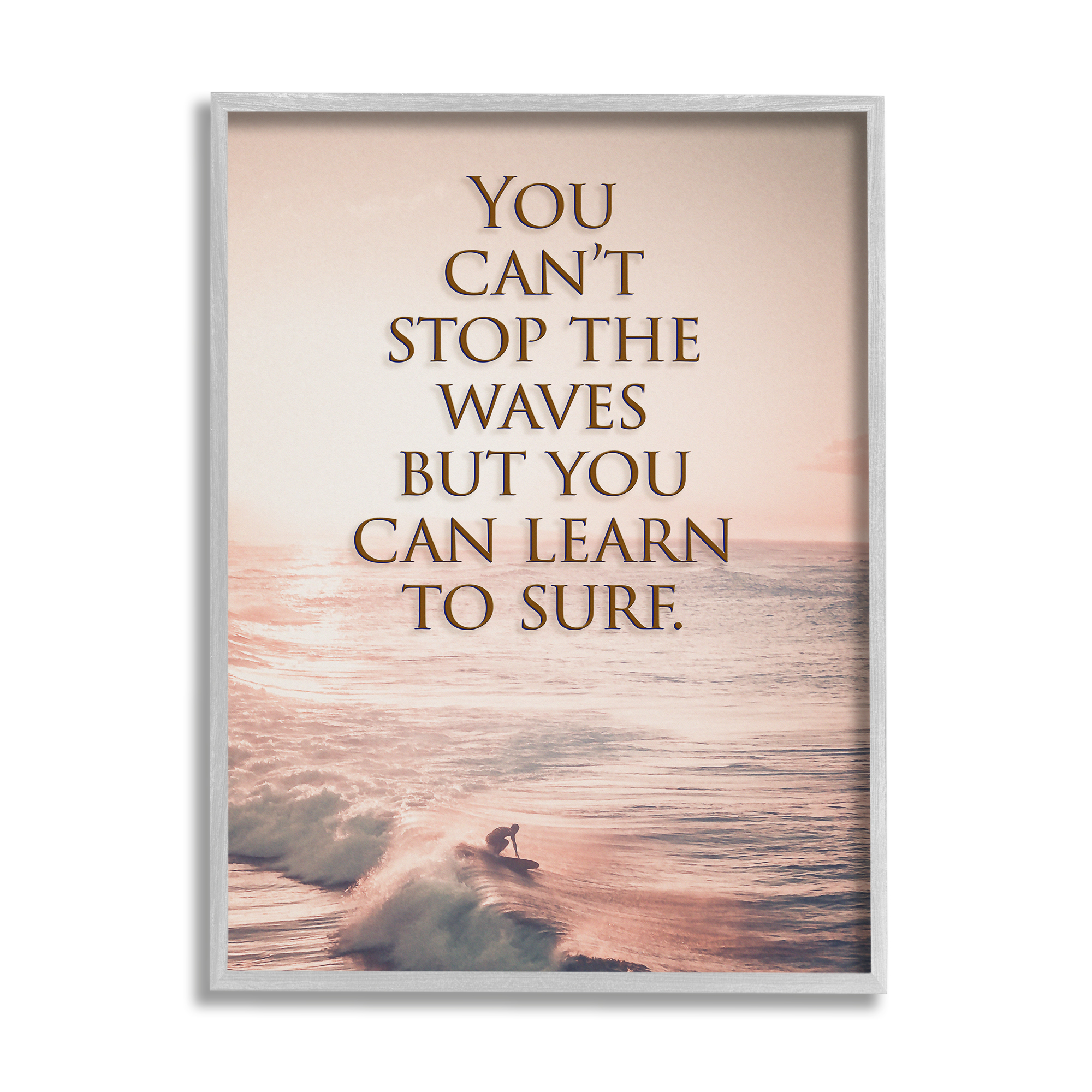 Stupell Industries Motivational Learn to Surf Landscape Painting Gray Framed Art Print Wall Art, 16 x 20