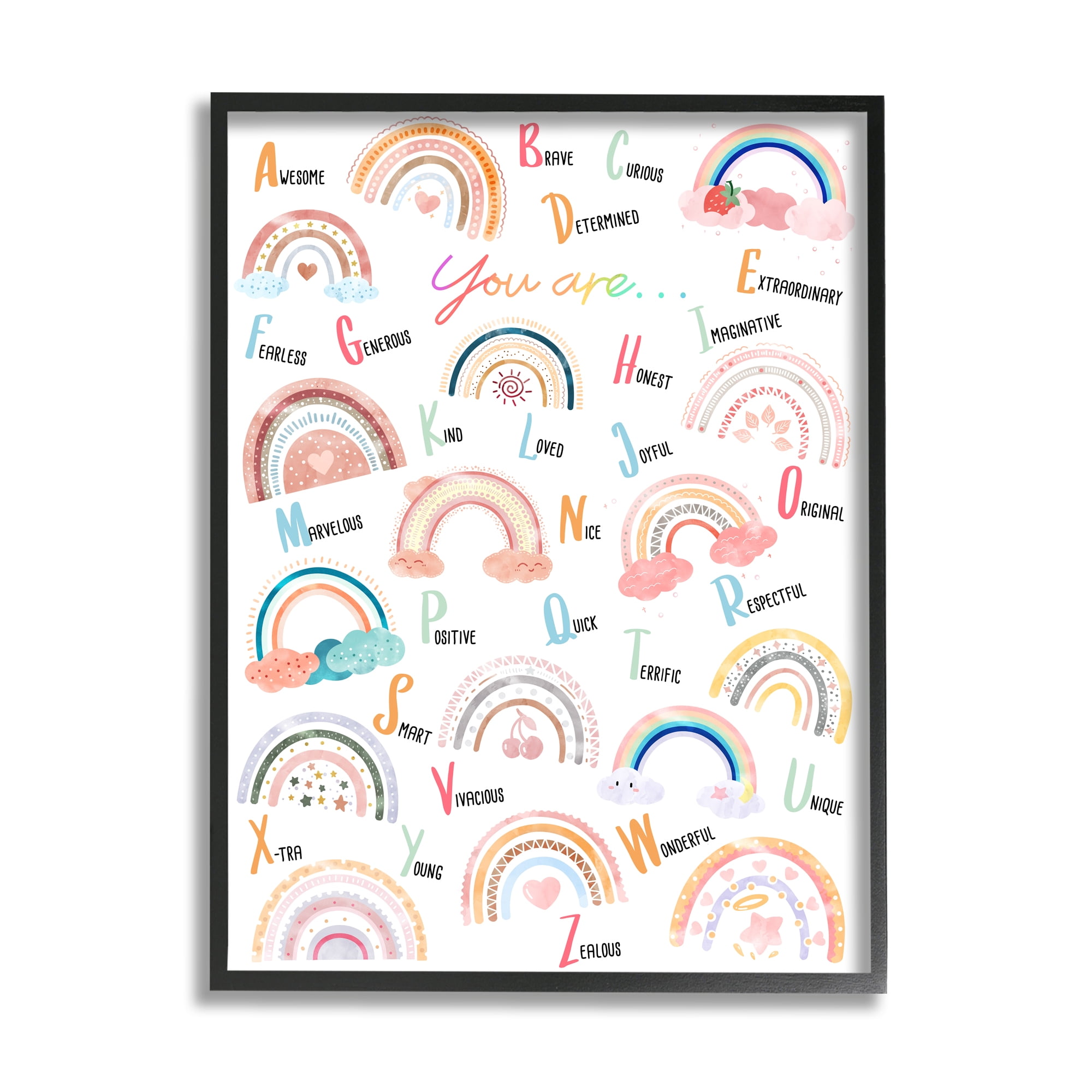 Stupell Industries Motivational Rainbow Alphabet Kids' Positivity ABC's Art for Kids Painting Black Framed Art Print Wall Art, 11 x 14