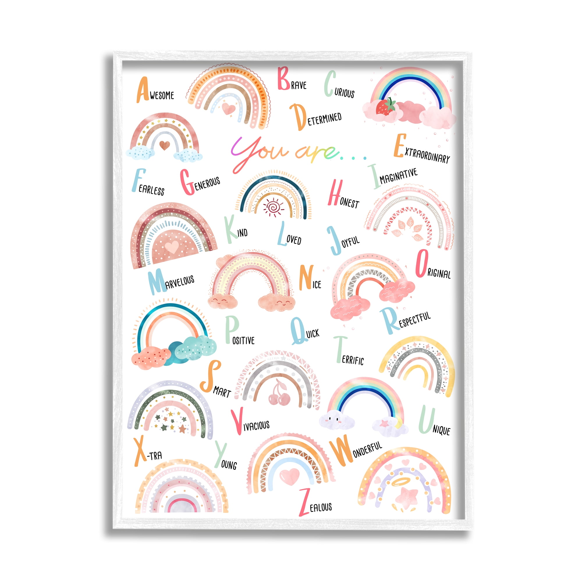 Stupell Industries Motivational Rainbow Alphabet Kids' Positivity ABC's Art for Kids Painting White Framed Art Print Wall Art, 11 x 14