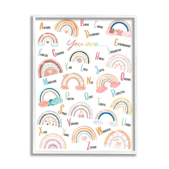 Stupell Industries Motivational Rainbow Alphabet Kids' Positivity ABC's Art for Kids Painting White Framed Art Print Wall Art, 11 x 14