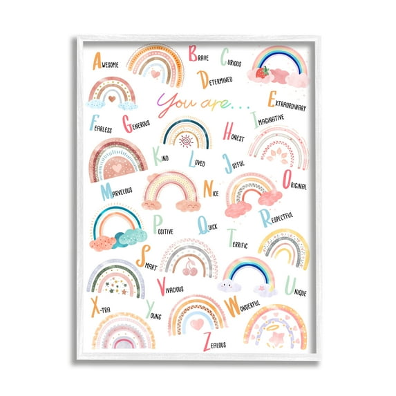 Stupell Industries Motivational Rainbow Alphabet Kids' Positivity ABC's Art for Kids Painting White Framed Art Print Wall Art, 11 x 14