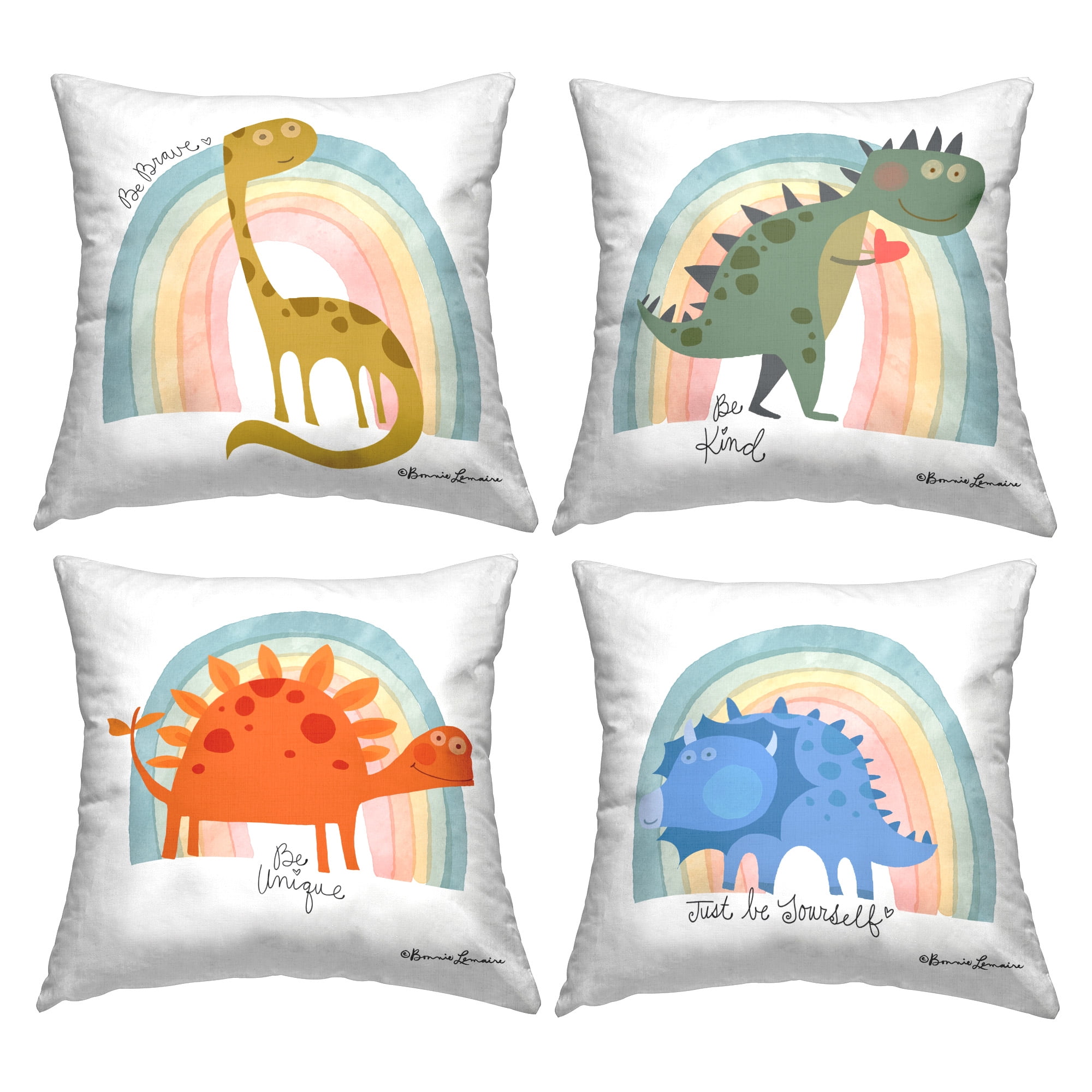 Stupell Industries Motivational Rainbow Dinosaurs Decorative Printed Throw Pillow Design by Bonnie Lemaire (Set of 4)