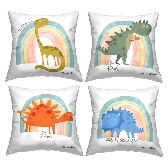 Stupell Industries Motivational Rainbow Dinosaurs Decorative Printed Throw Pillow Design by Bonnie Lemaire (Set of 4)