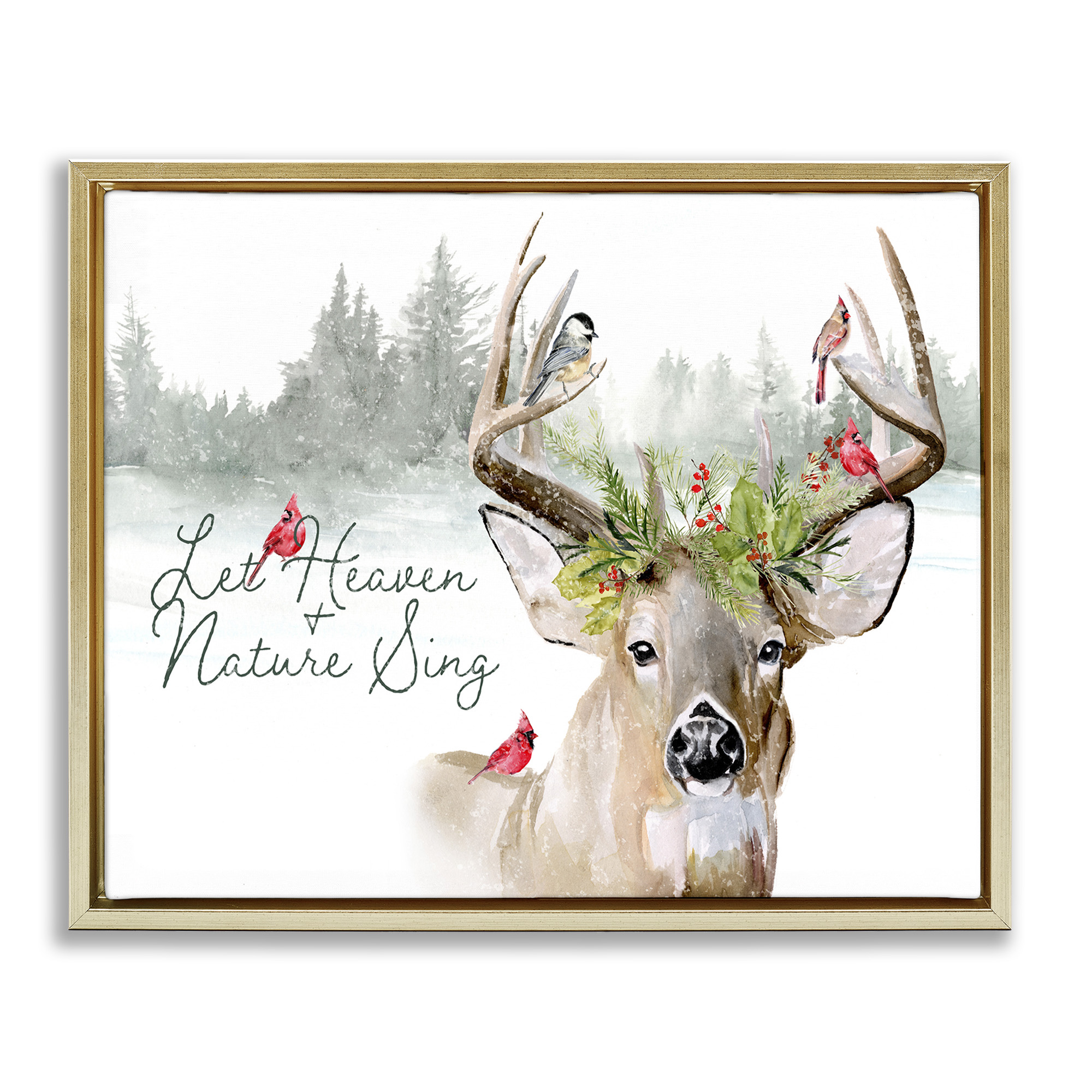 Stupell Industries Motivational Winter Reindeer Animals & Insects Painting Gold Floater Framed Canvas Art Print Wall Art, 21 x 17