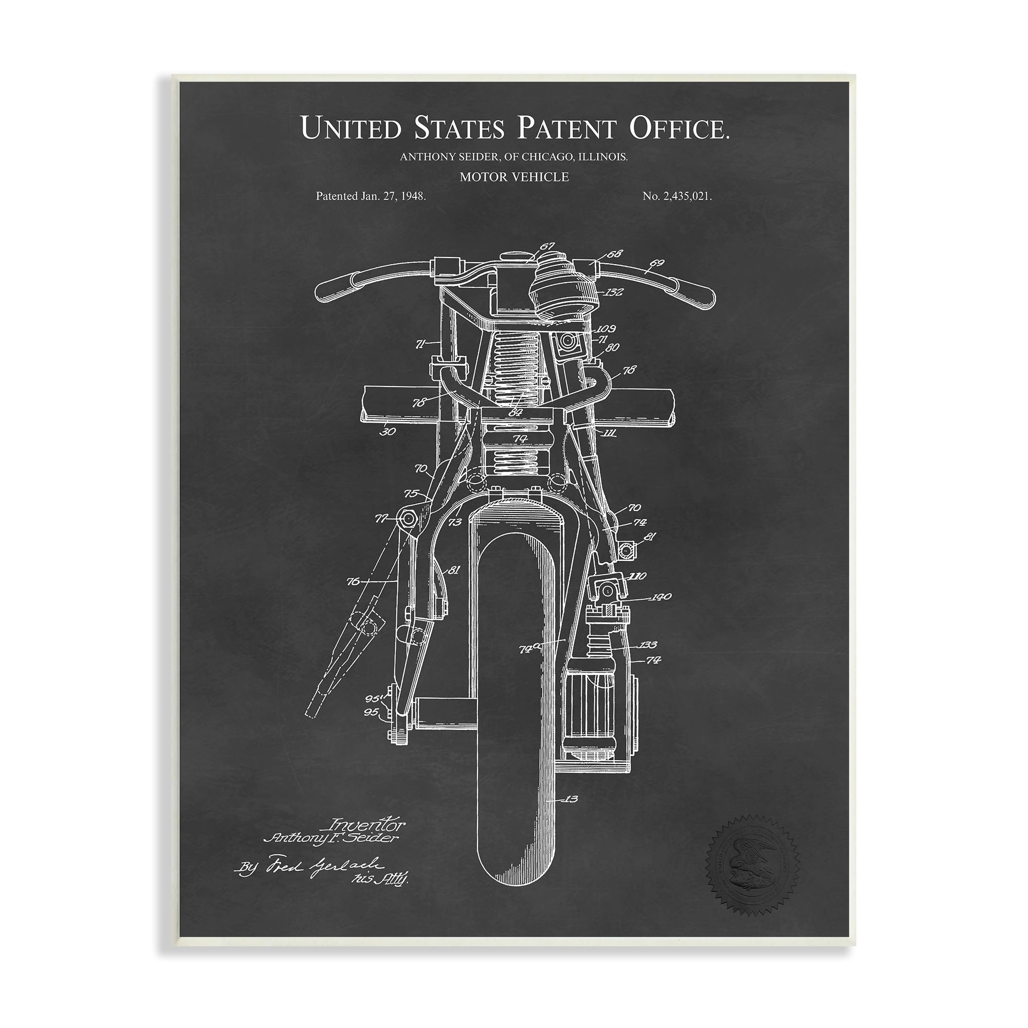 Stupell Industries Motor Vehicle Motorcycle Patent Text Blueprint Diagram Wood Wall Art, 10 x 15, Design by Karl Hronek