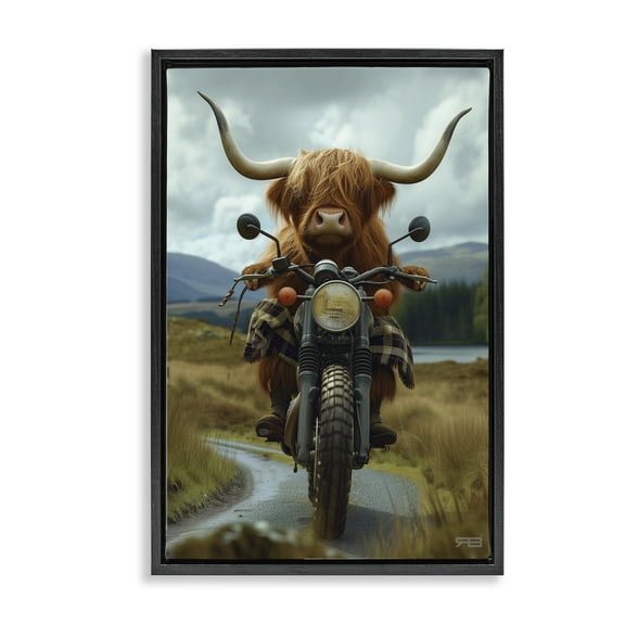 Stupell Industries Motorbike Rural Cattle Animals & Insects Painting Black Floater Framed Art Print Wall Art, 17 x 25