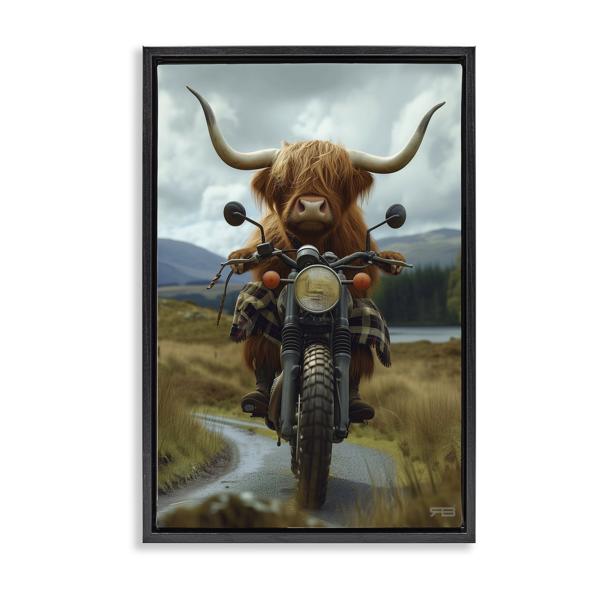 Stupell Industries Motorbike Rural Cattle Animals & Insects Painting Black Floater Framed Art Print Wall Art, 21 x 31
