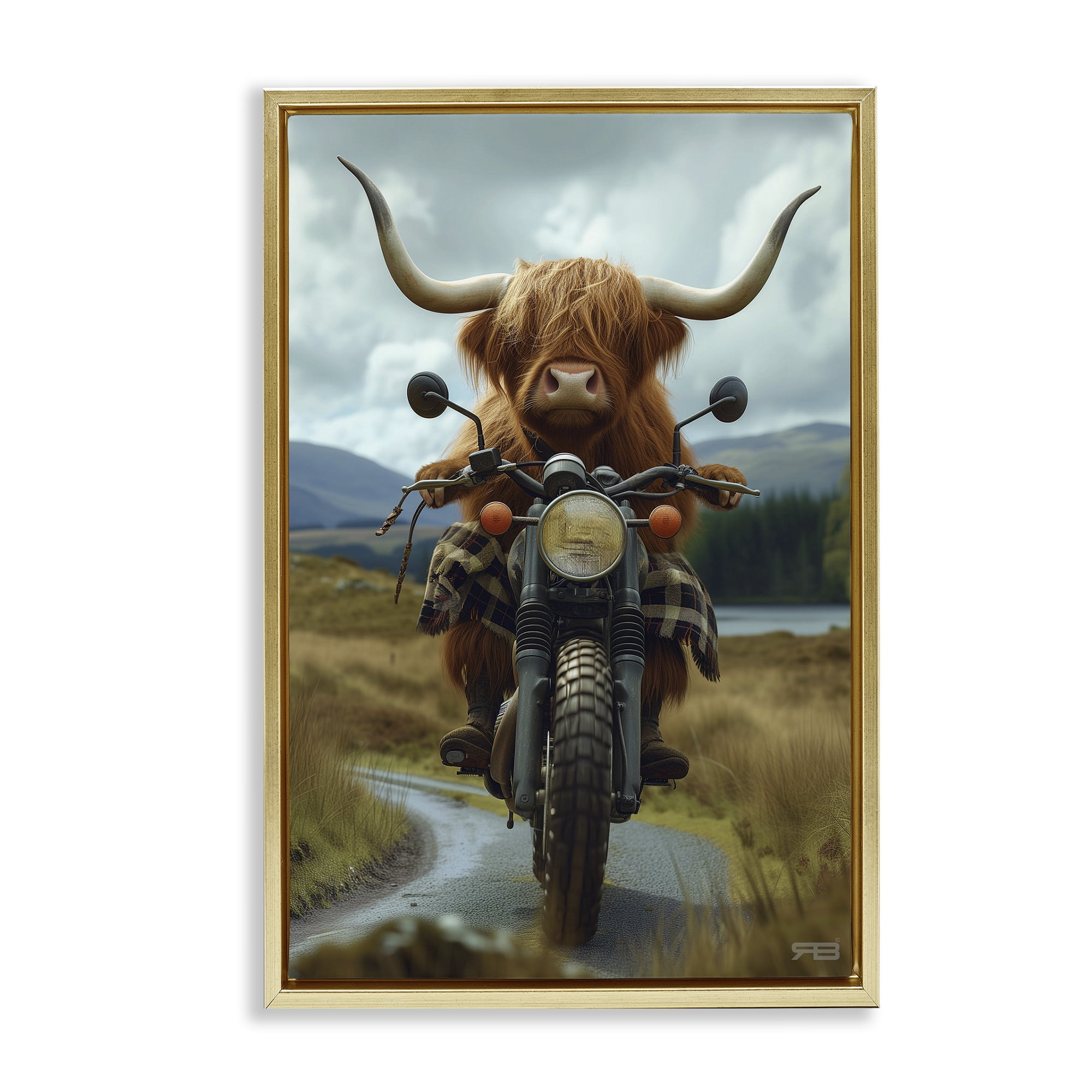 Stupell Industries Motorbike Rural Cattle Animals & Insects Painting Gold Floater Framed Art Print Wall Art, 17 x 25