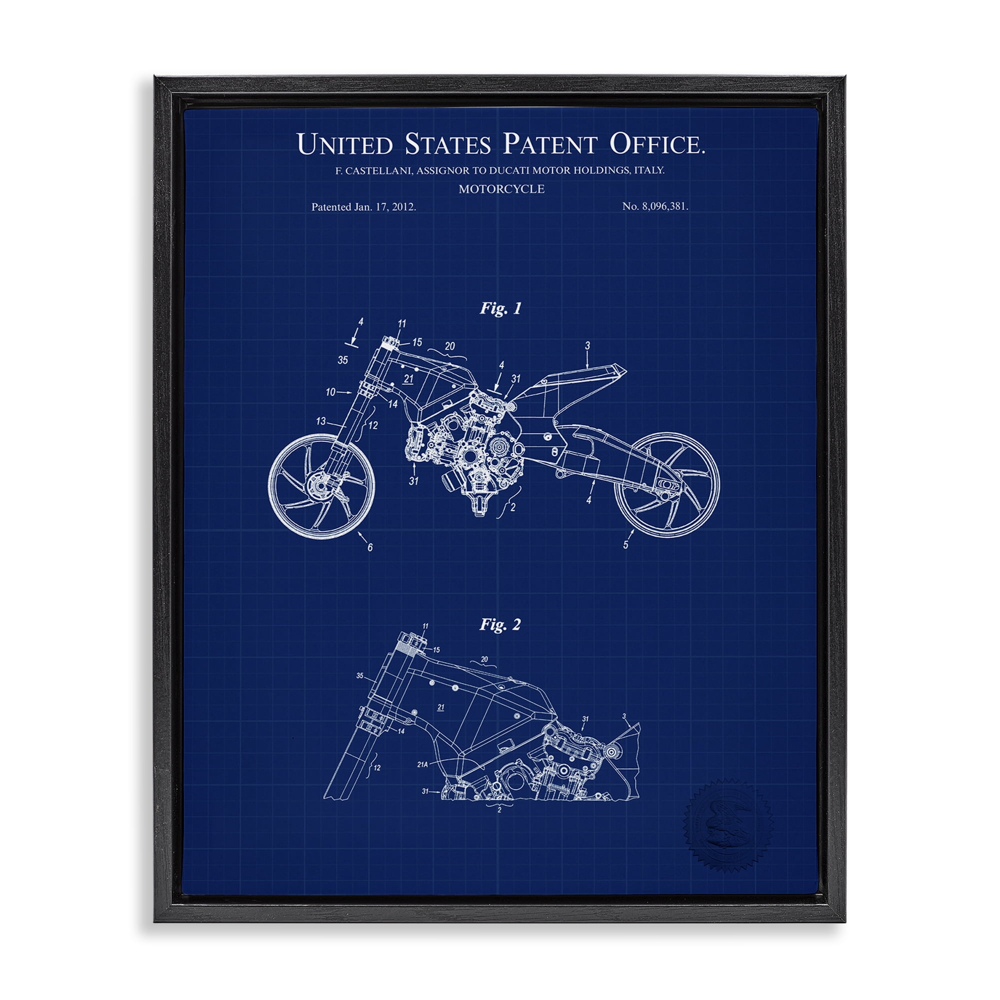 Stupell Industries Motorcycle Patent Blueprint Transportation Painting Black Floater Framed Art Print Wall Art, 25 x 31