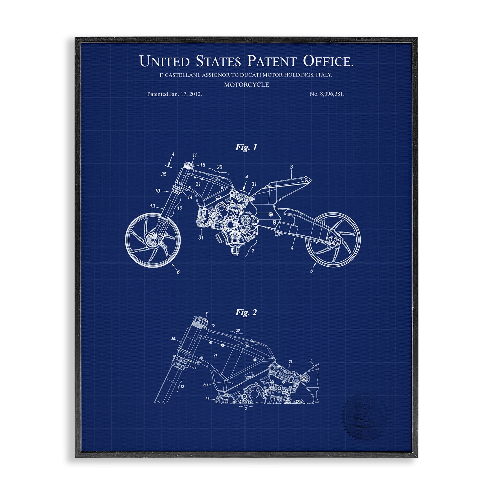Stupell Industries Motorcycle Patent Blueprint Transportation Painting Black Framed Art Print Wall Art, 24 x 30