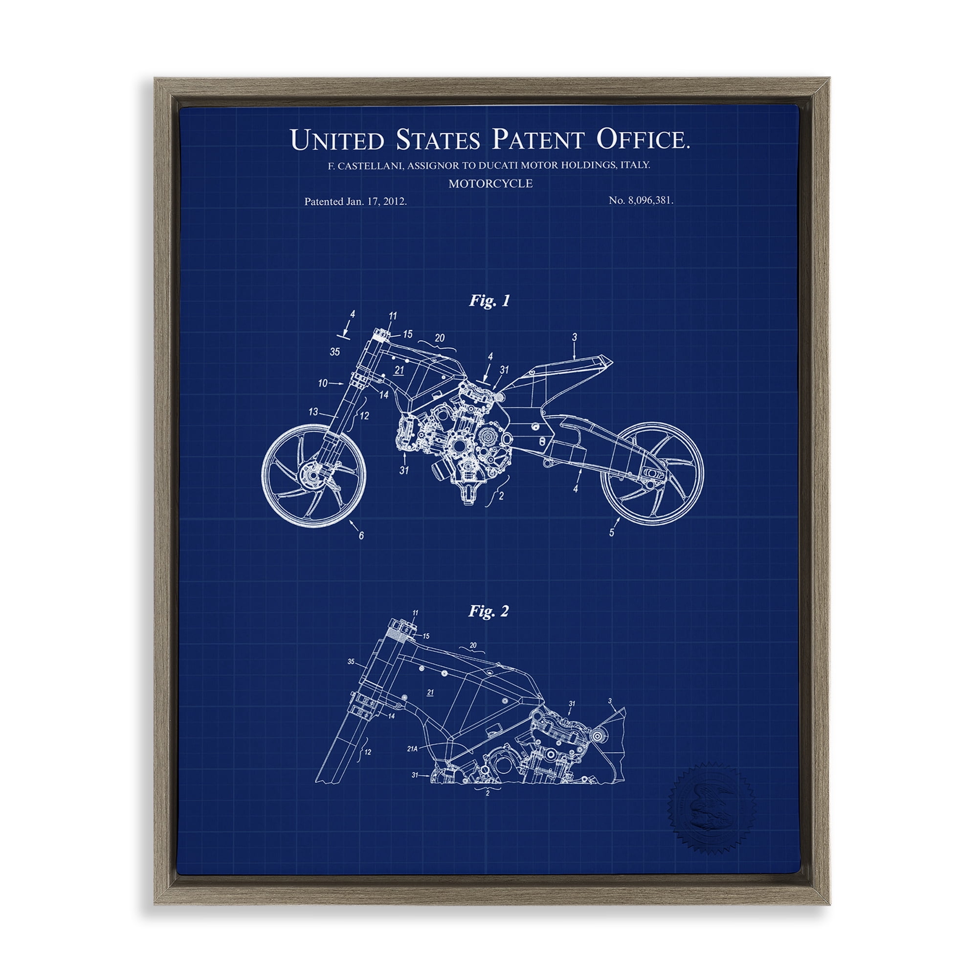 Stupell Industries Motorcycle Patent Blueprint Transportation Painting Brown Floater Framed Art Print Wall Art, 17 x 21