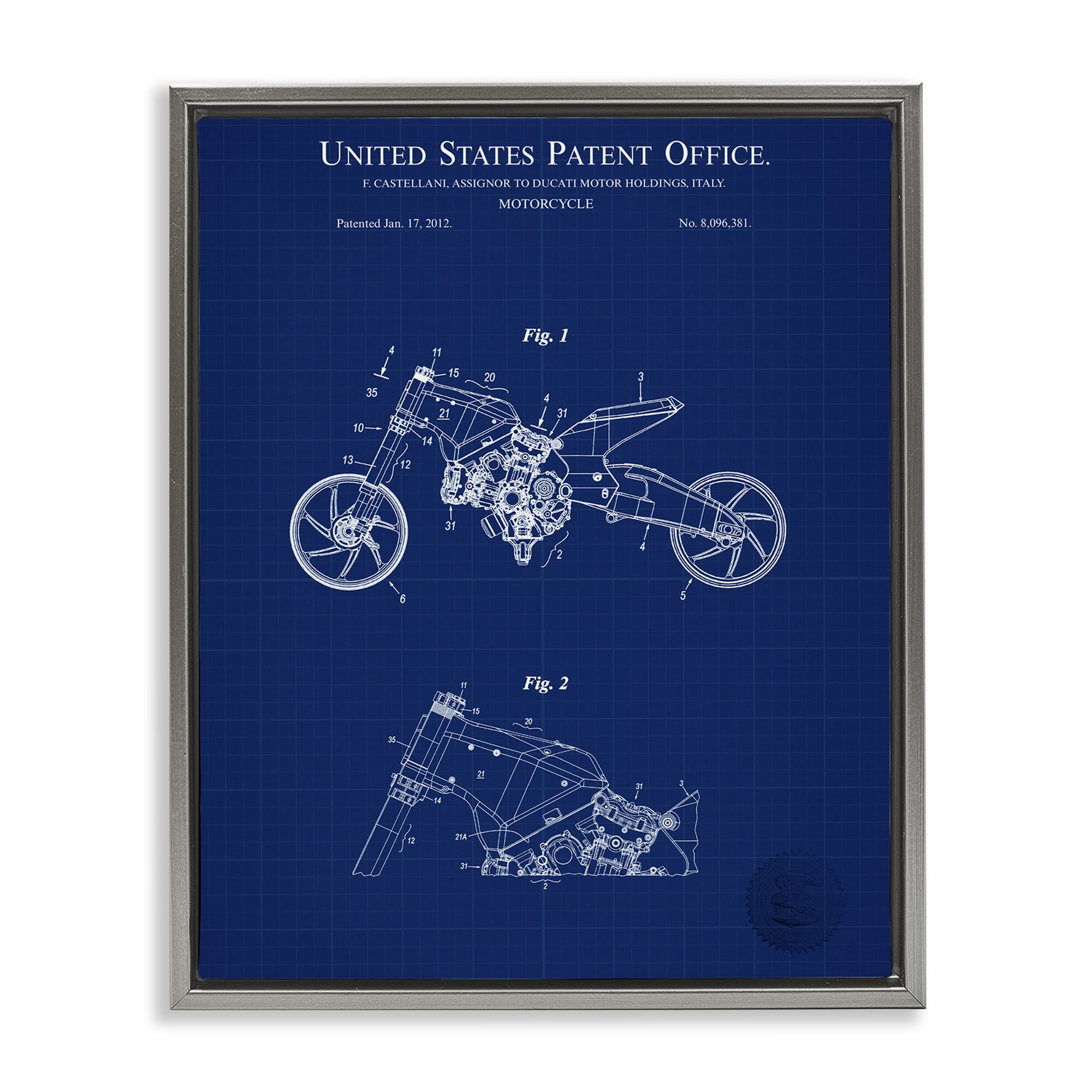 Stupell Industries Motorcycle Patent Blueprint Transportation Painting Gray Floater Framed Art Print Wall Art, 25 x 31