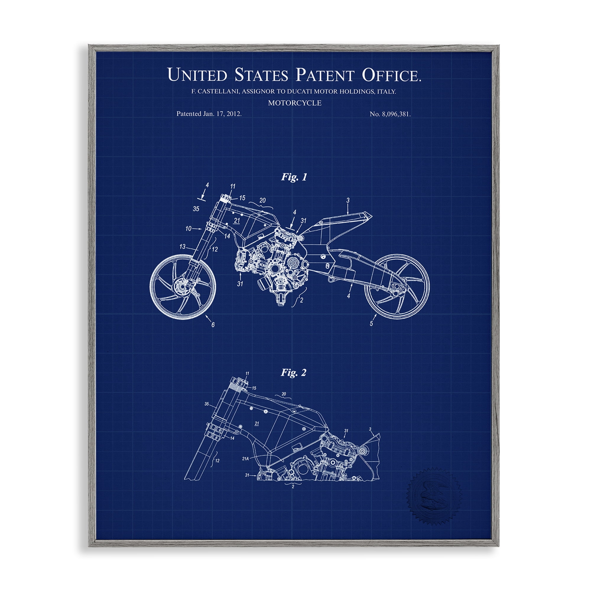 Stupell Industries Motorcycle Patent Blueprint Transportation Painting Gray Framed Art Print Wall Art, 16 x 20