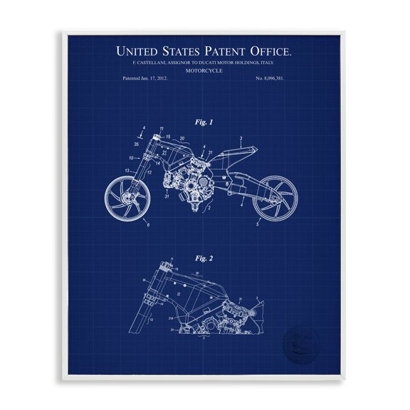 Stupell Industries Motorcycle Patent Blueprint Transportation Painting White Framed Art Print Wall Art, 11 x 14