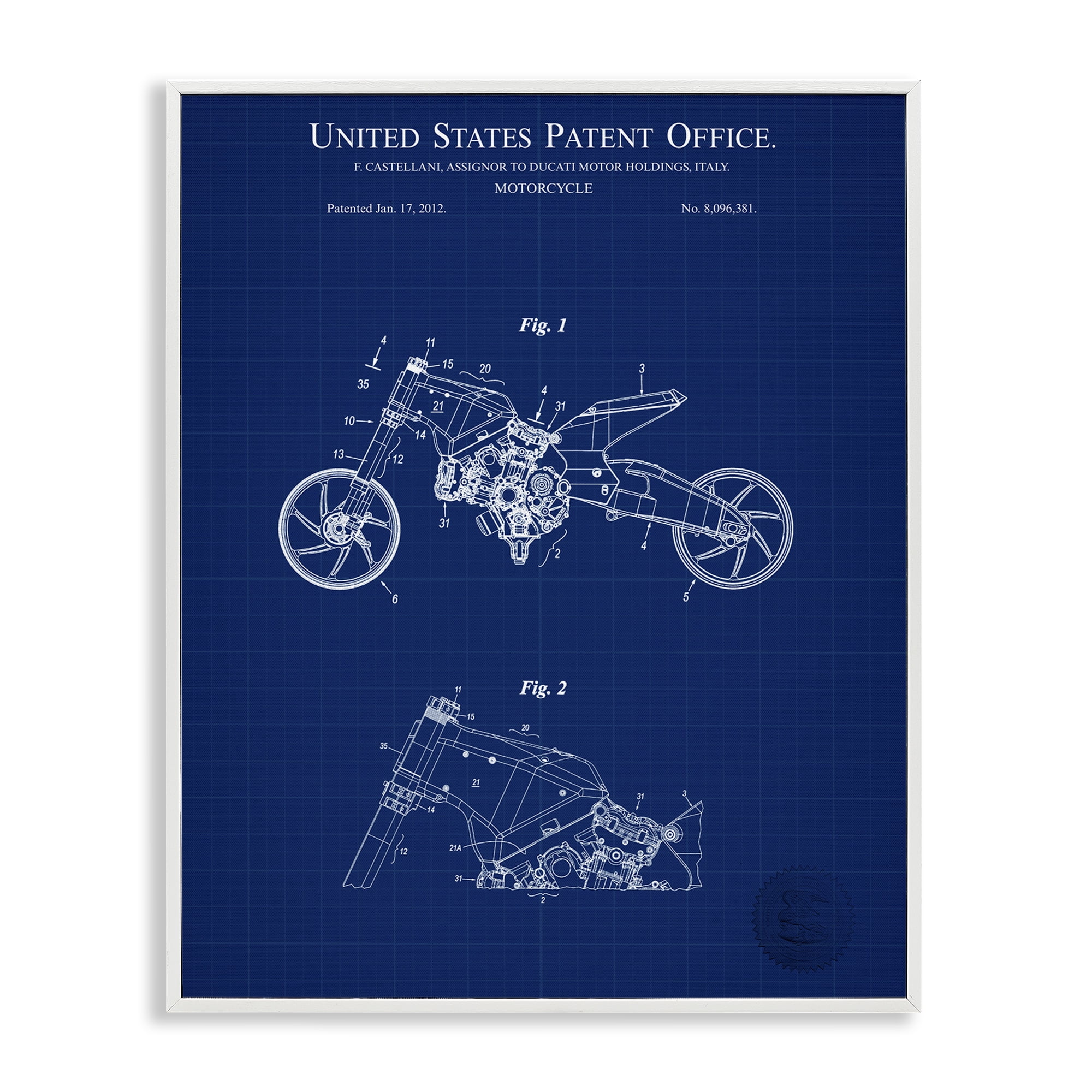 Stupell Industries Motorcycle Patent Blueprint Transportation Painting White Framed Art Print Wall Art, 24 x 30