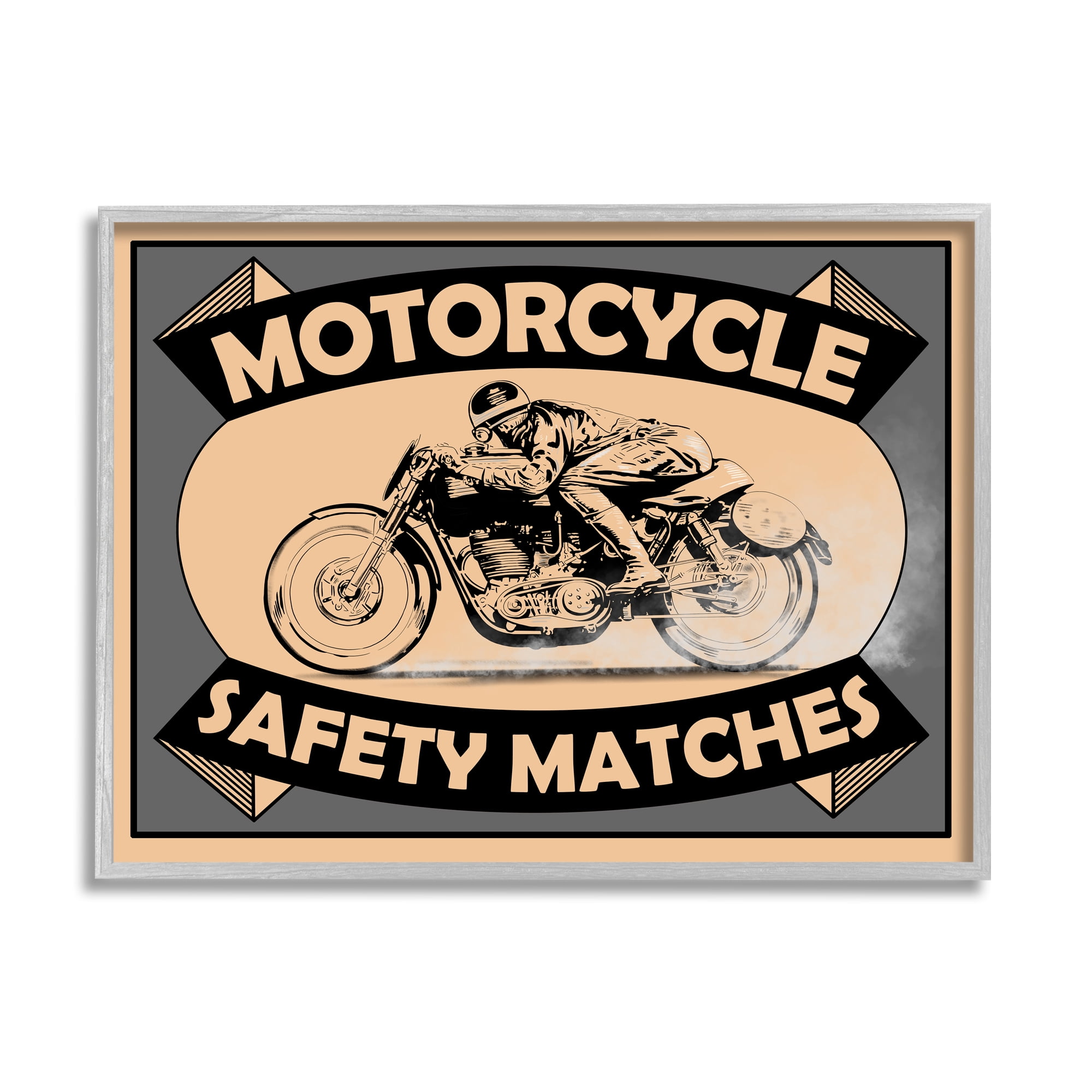 Stupell Industries Motorcycle Safety Matches Grey Tan Bike Rider Rustic Painting Gray Framed Art Print Wall Art, 16 x 20, Design by Mark Rogan